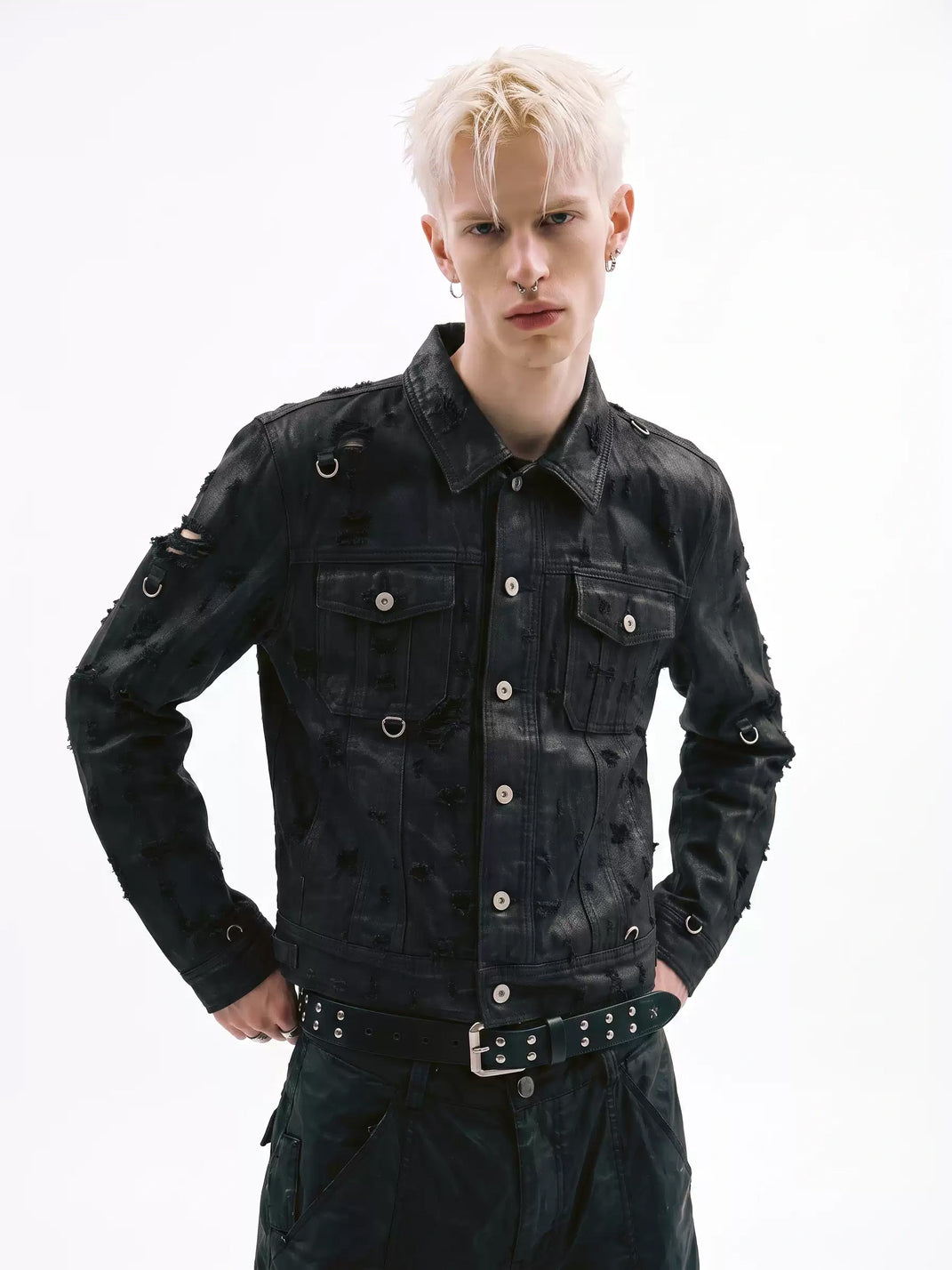Distressed D Ring Cropped Denim Jacket - product view 2