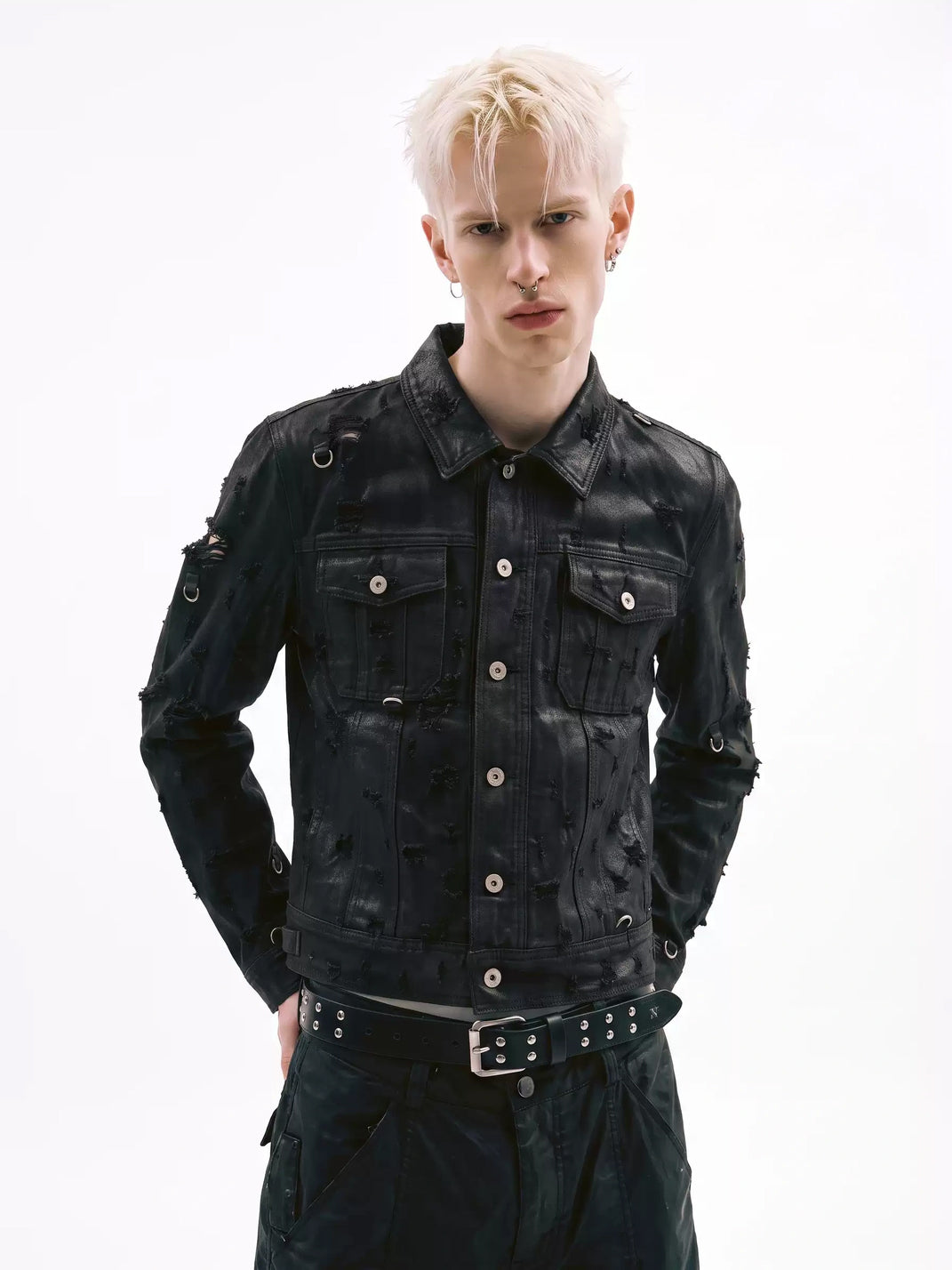 Distressed D Ring Cropped Denim Jacket - product view 4