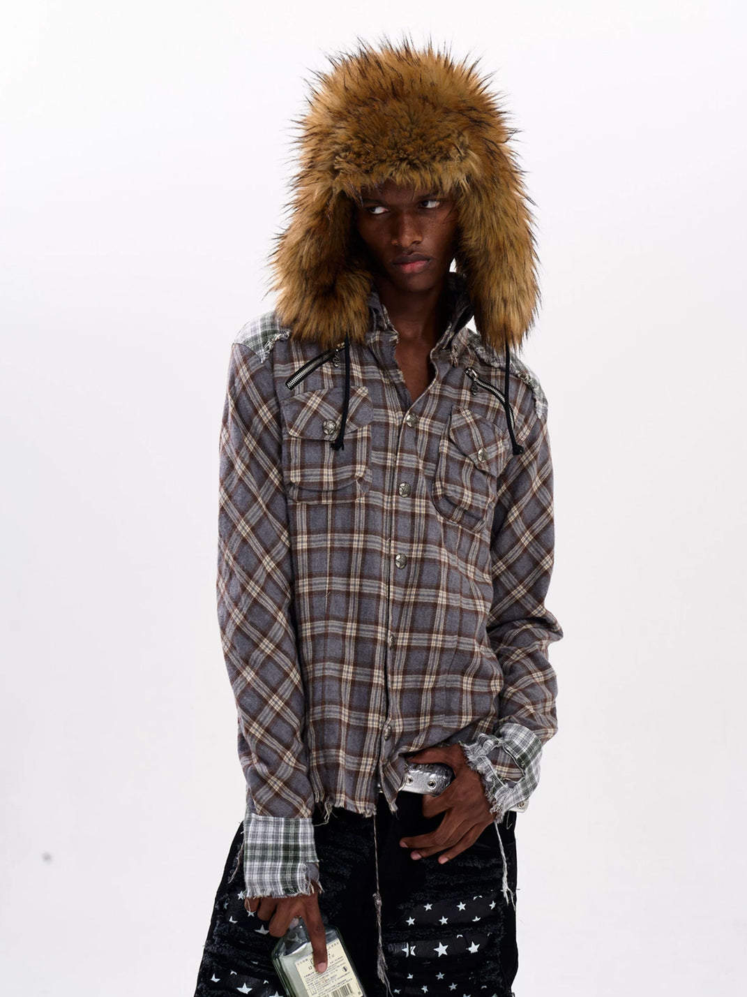 Frayed Plaid Cotton Shoulder Zip Shacket - product view 3