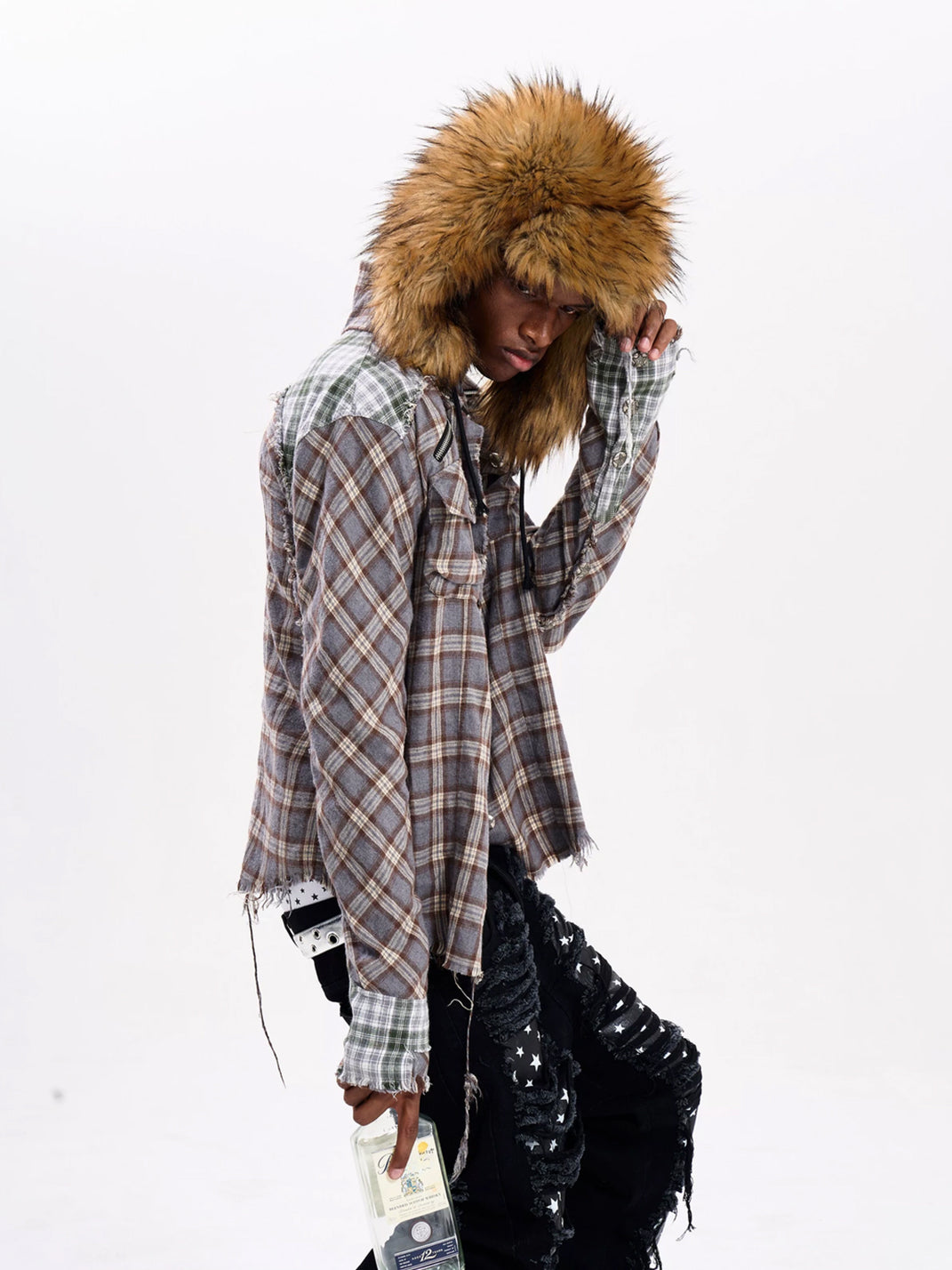 Frayed Plaid Cotton Shoulder Zip Shacket - product view 4