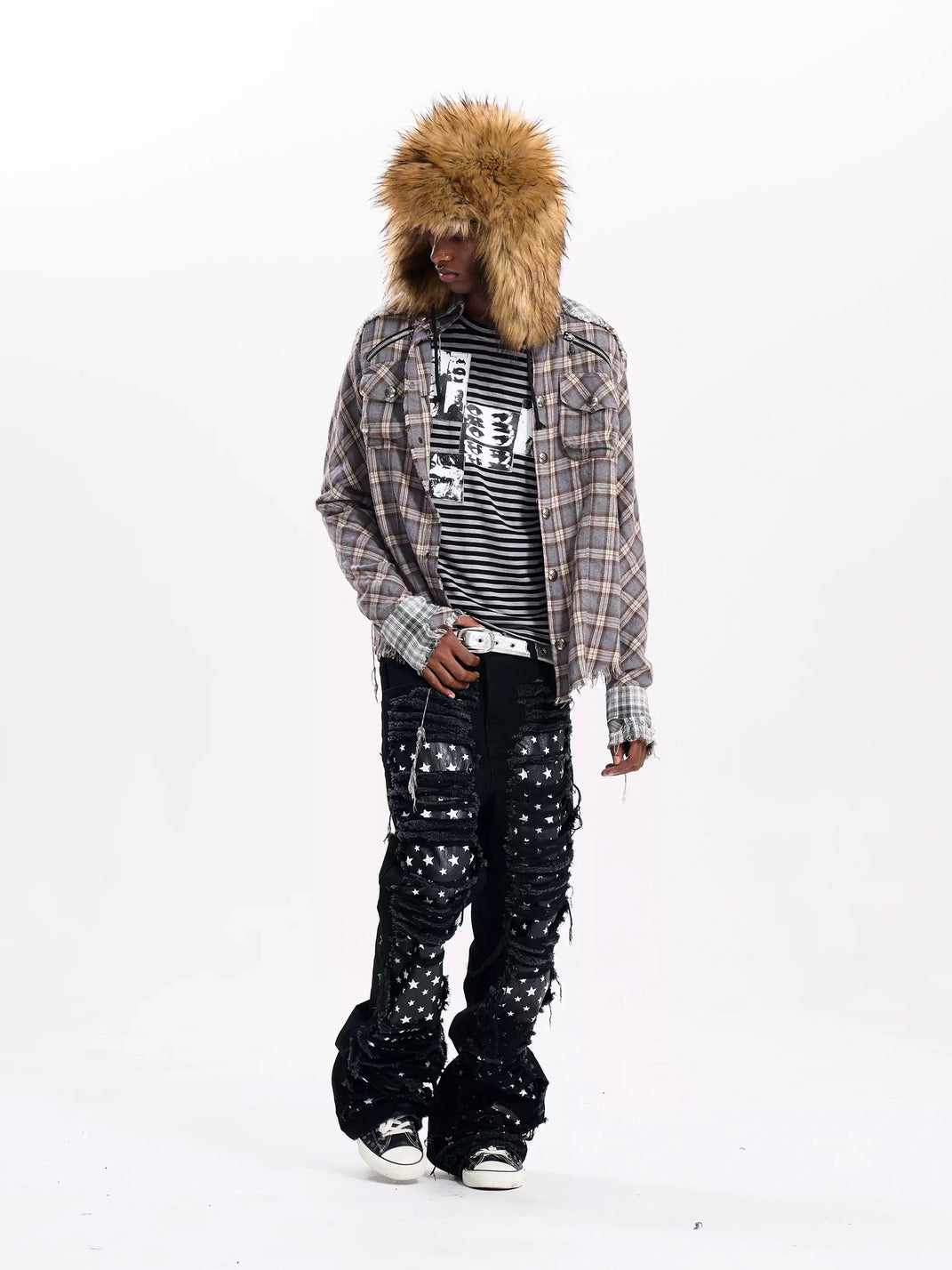 Frayed Plaid Cotton Shoulder Zip Shacket - product view 7