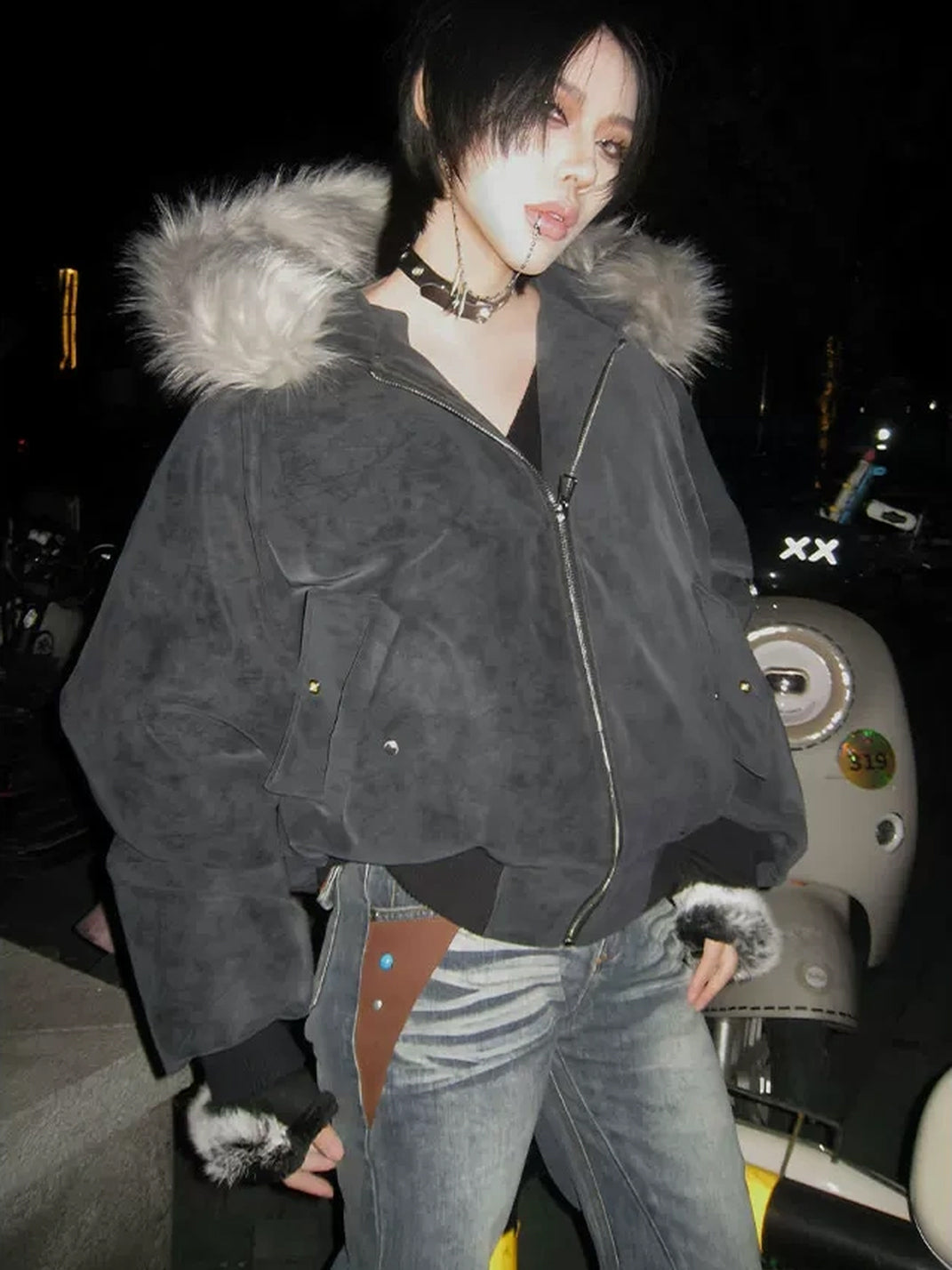 Charcoal Plush Hood Raglan Bomber Jacket - product view 2