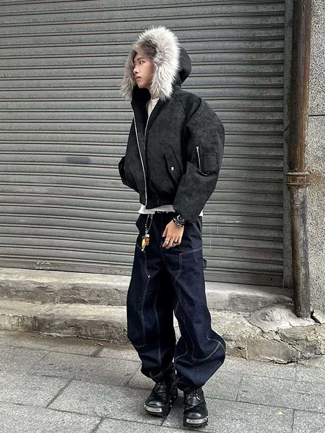 Charcoal Plush Hood Raglan Bomber Jacket - product view 3