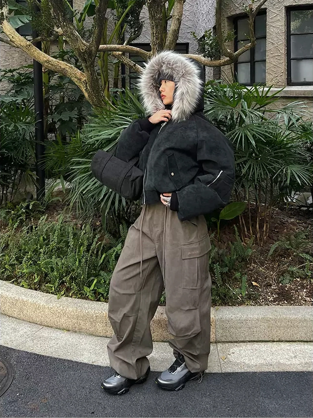 Charcoal Plush Hood Raglan Bomber Jacket - product view 8