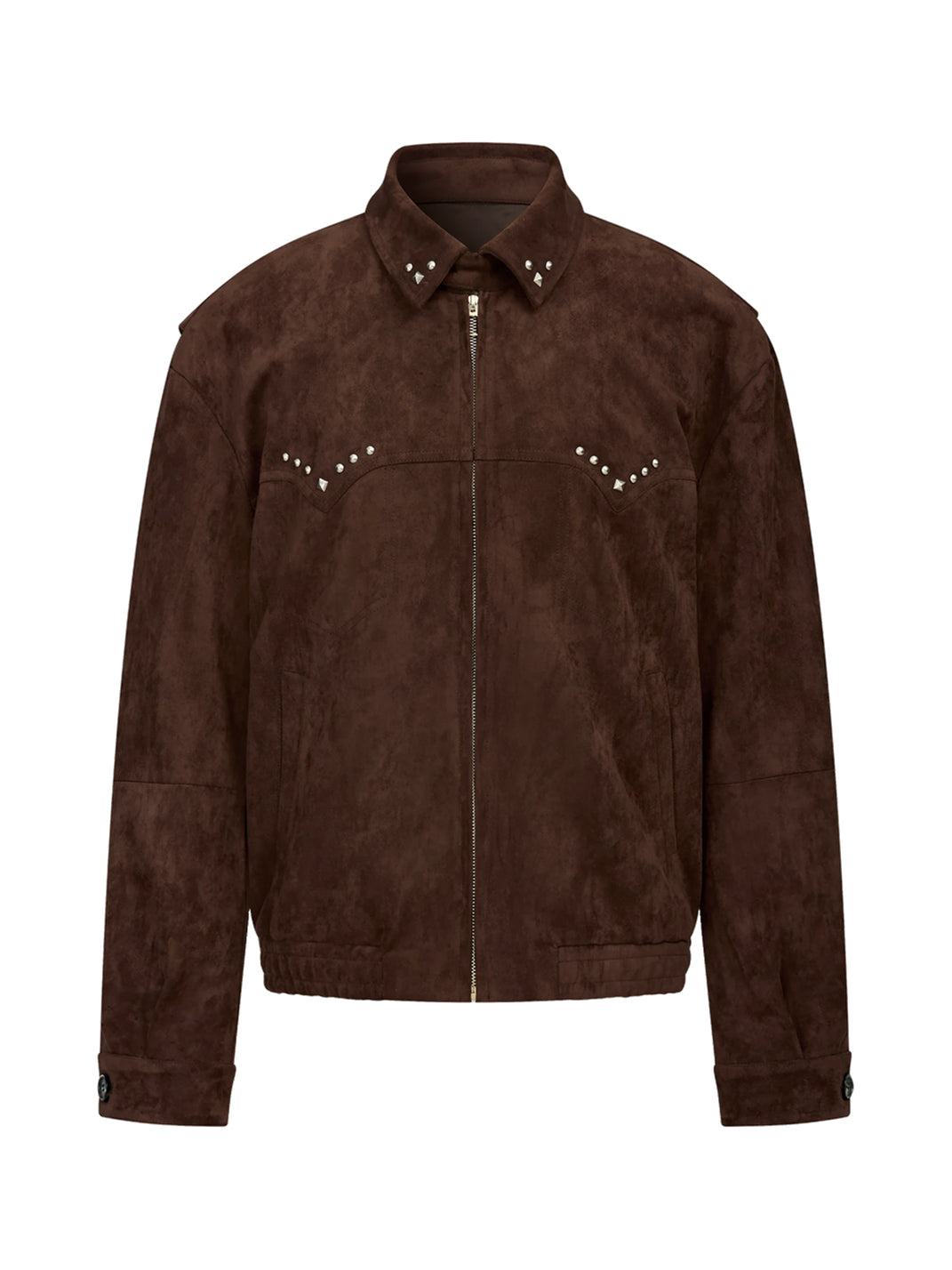 Coffee Brown Studded Collar Zip Jacket - product view 1