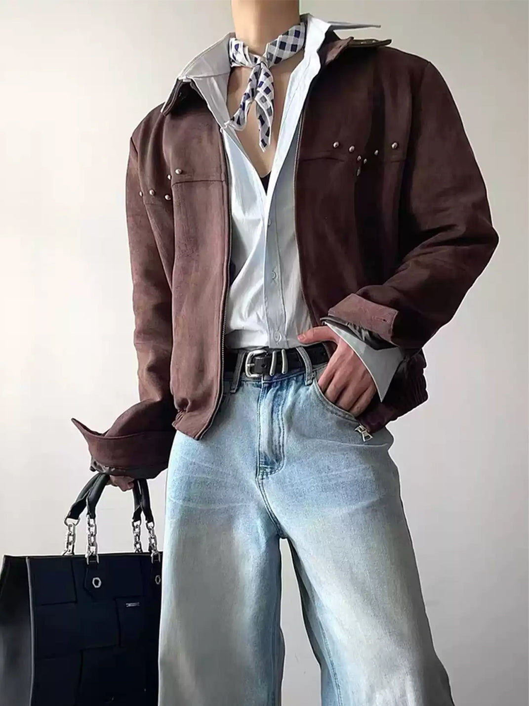 Coffee Brown Studded Collar Zip Jacket - product view 2