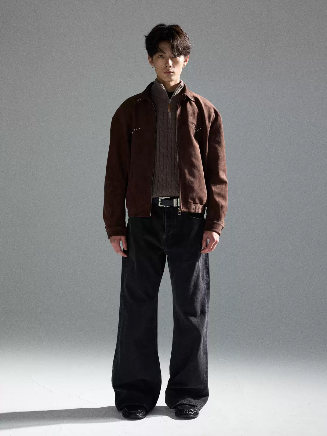 Coffee Brown Studded Collar Zip Jacket - product view 3