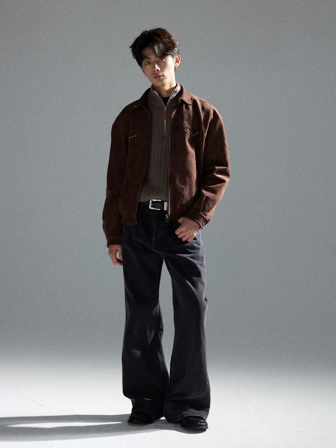 Coffee Brown Studded Collar Zip Jacket - product view 5