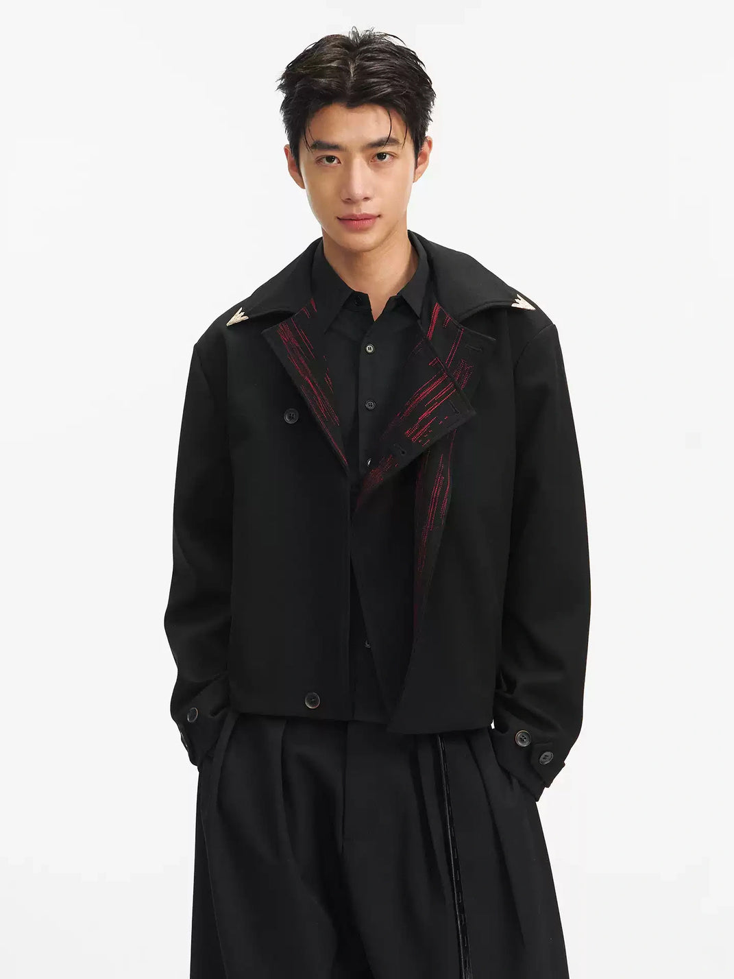 Black Red Lapel Ornate Button Jacket - product view 2