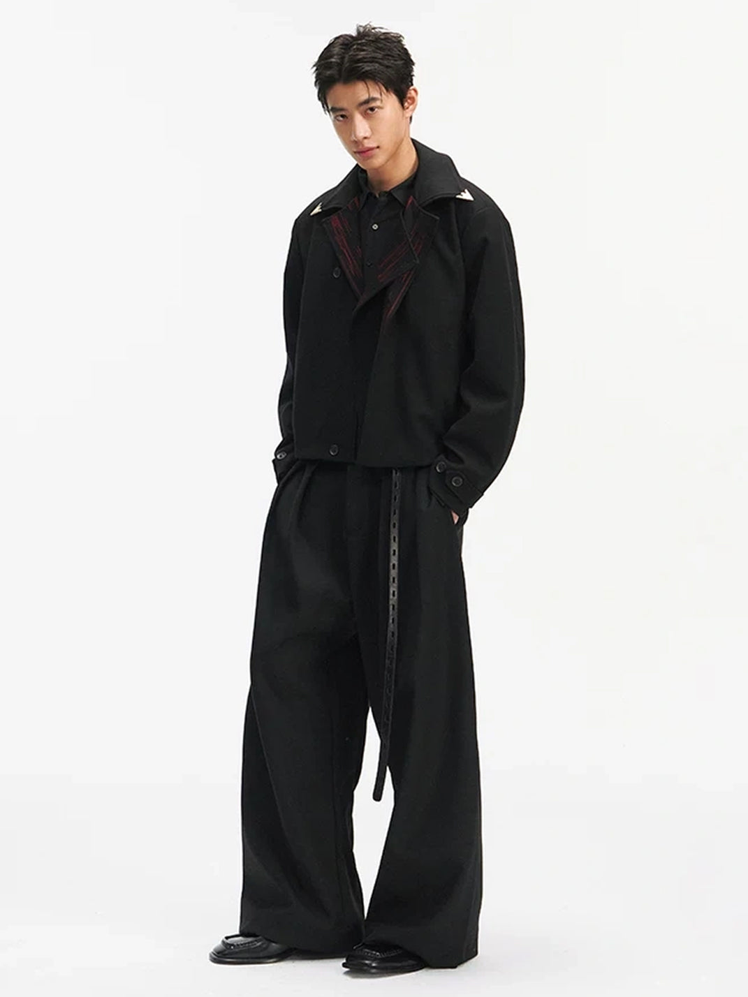 Black Red Lapel Ornate Button Jacket - product view 5
