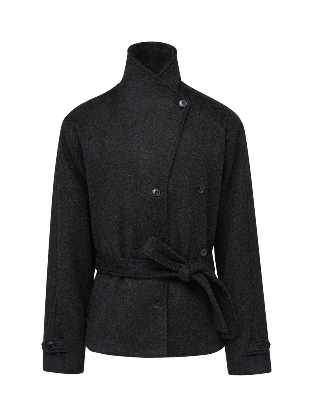 Black Belted Convertible Collar Wool Jacket - product view 1