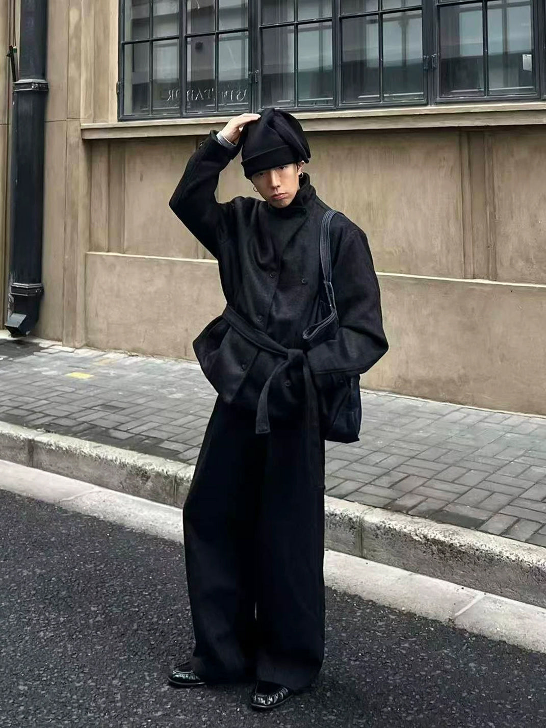 Black Belted Convertible Collar Wool Jacket - product view 3
