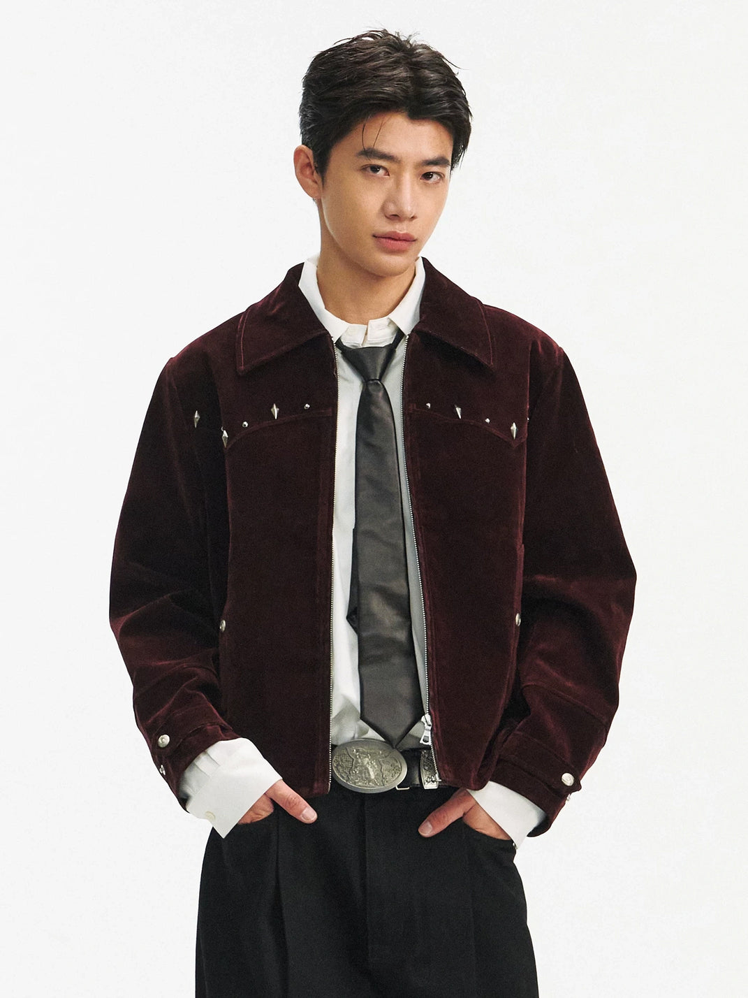 Burgundy Studded Yoke Velvet Denim Jacket - product view 3
