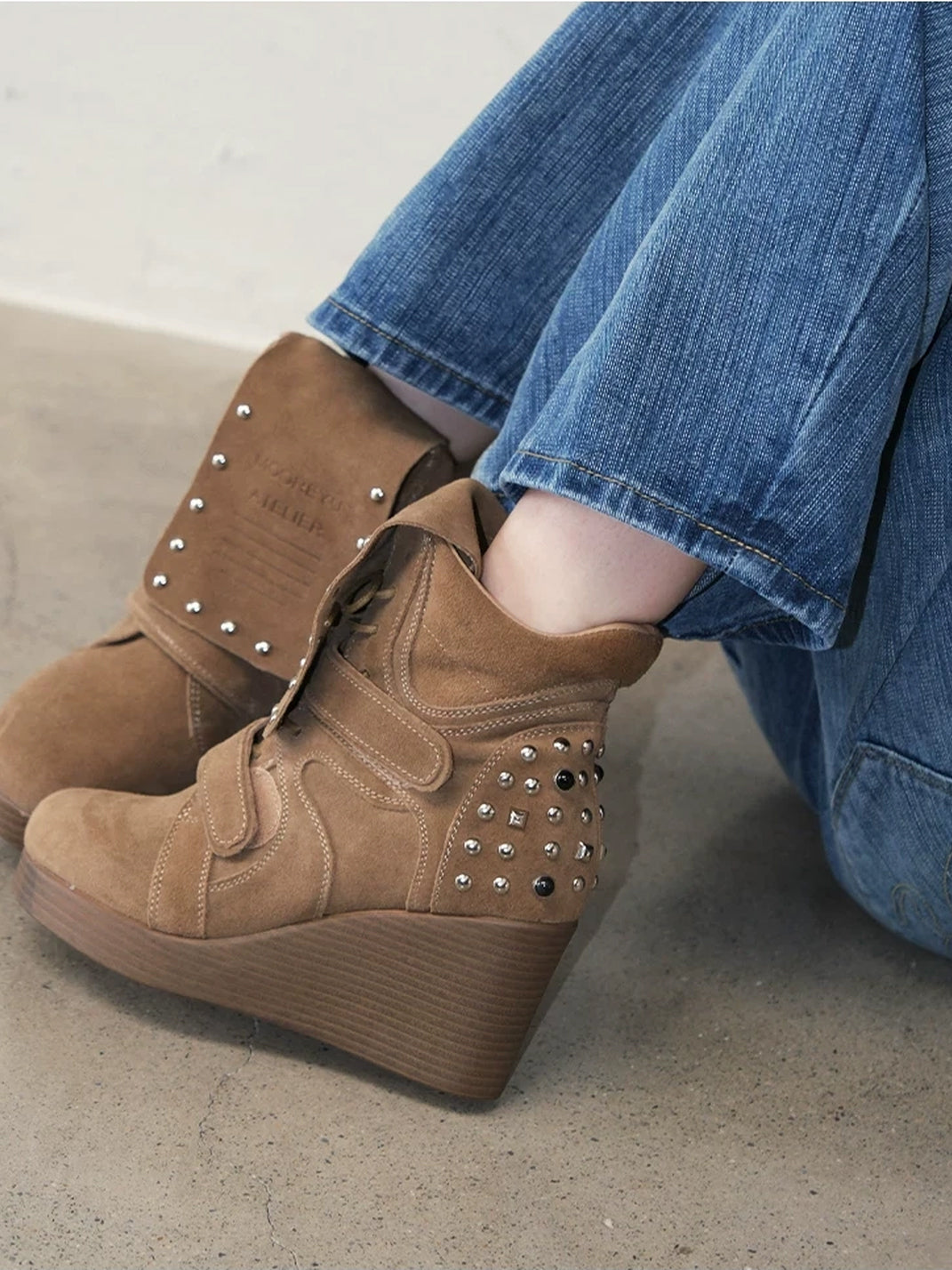 Studded Camel Suede Strap Wedge Boots - product view 2