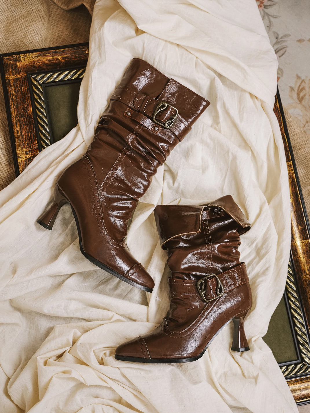Double Buckle Folded Cuff Pointed Heel Boots - product view 1
