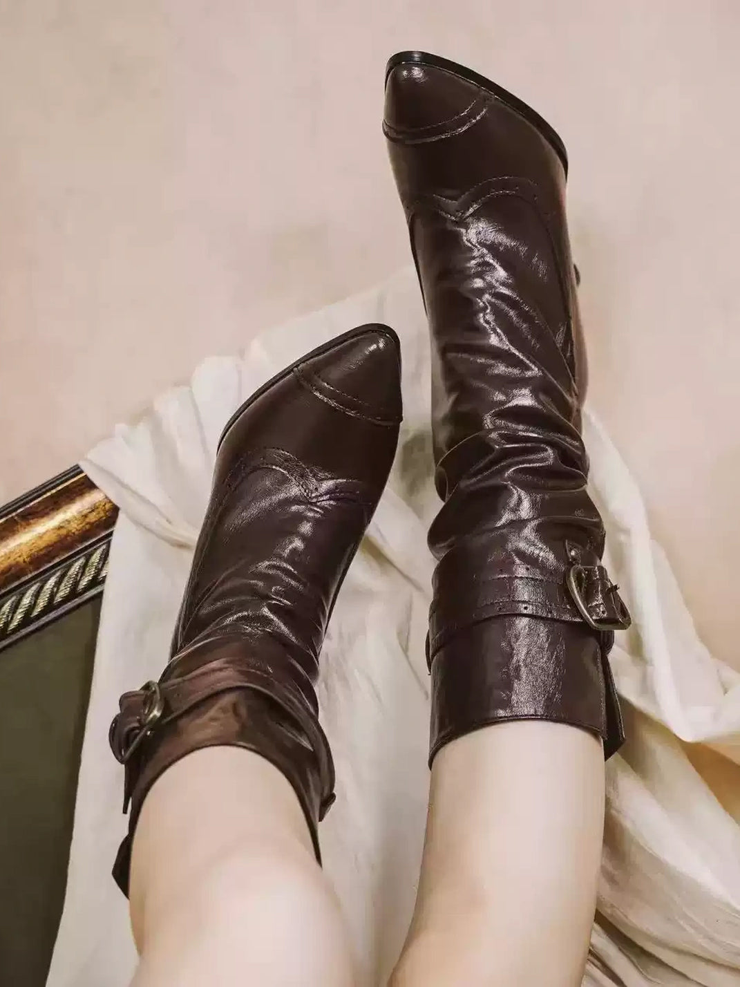 Double Buckle Folded Cuff Pointed Heel Boots - product view 2