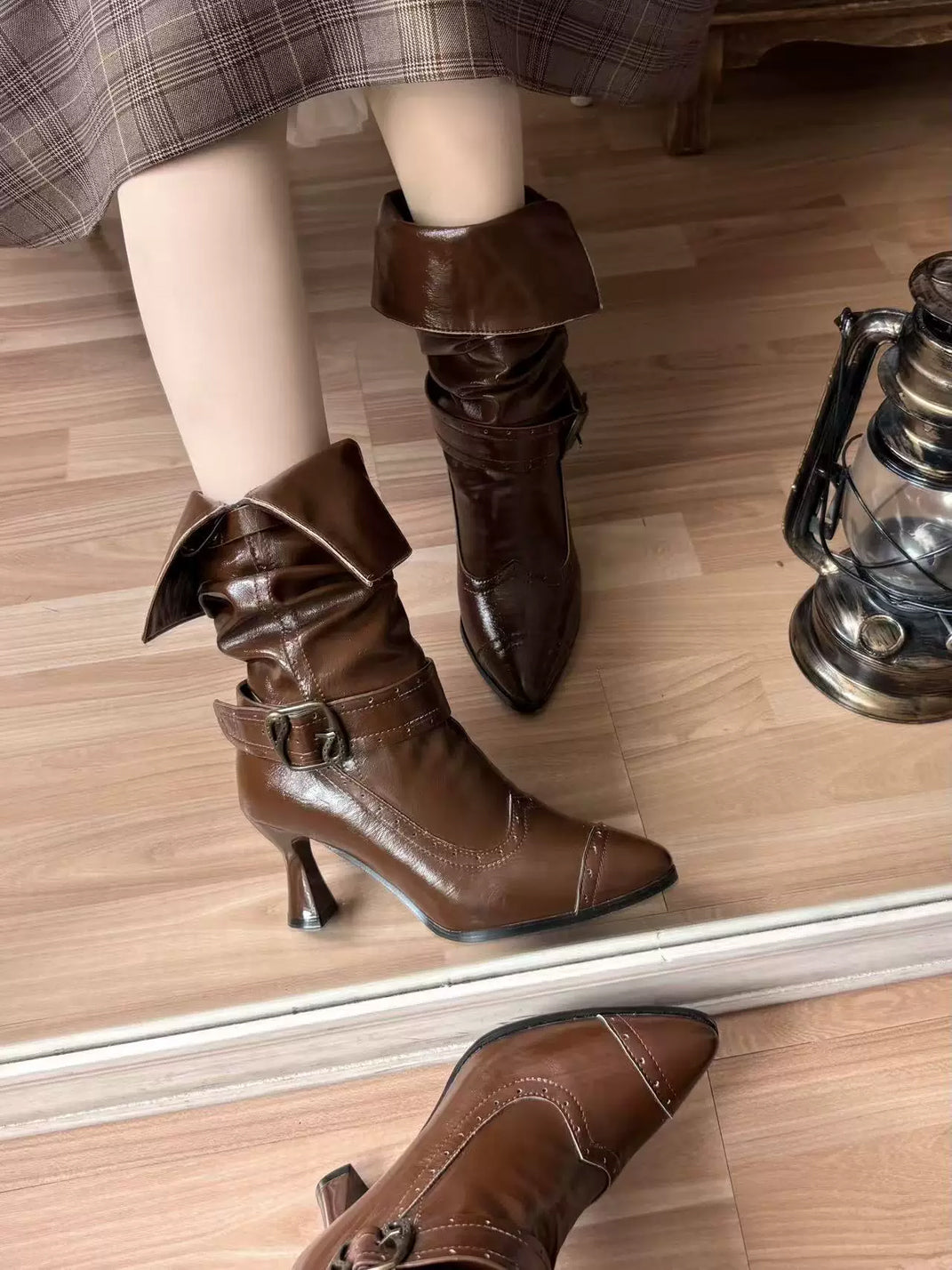 Double Buckle Folded Cuff Pointed Heel Boots - product view 5