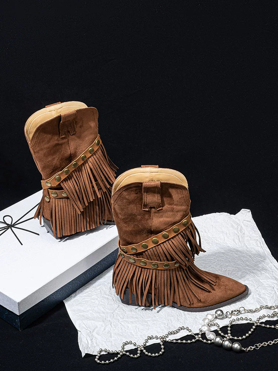 Studded Strap Tiered Fringe Western Boots - product view 2