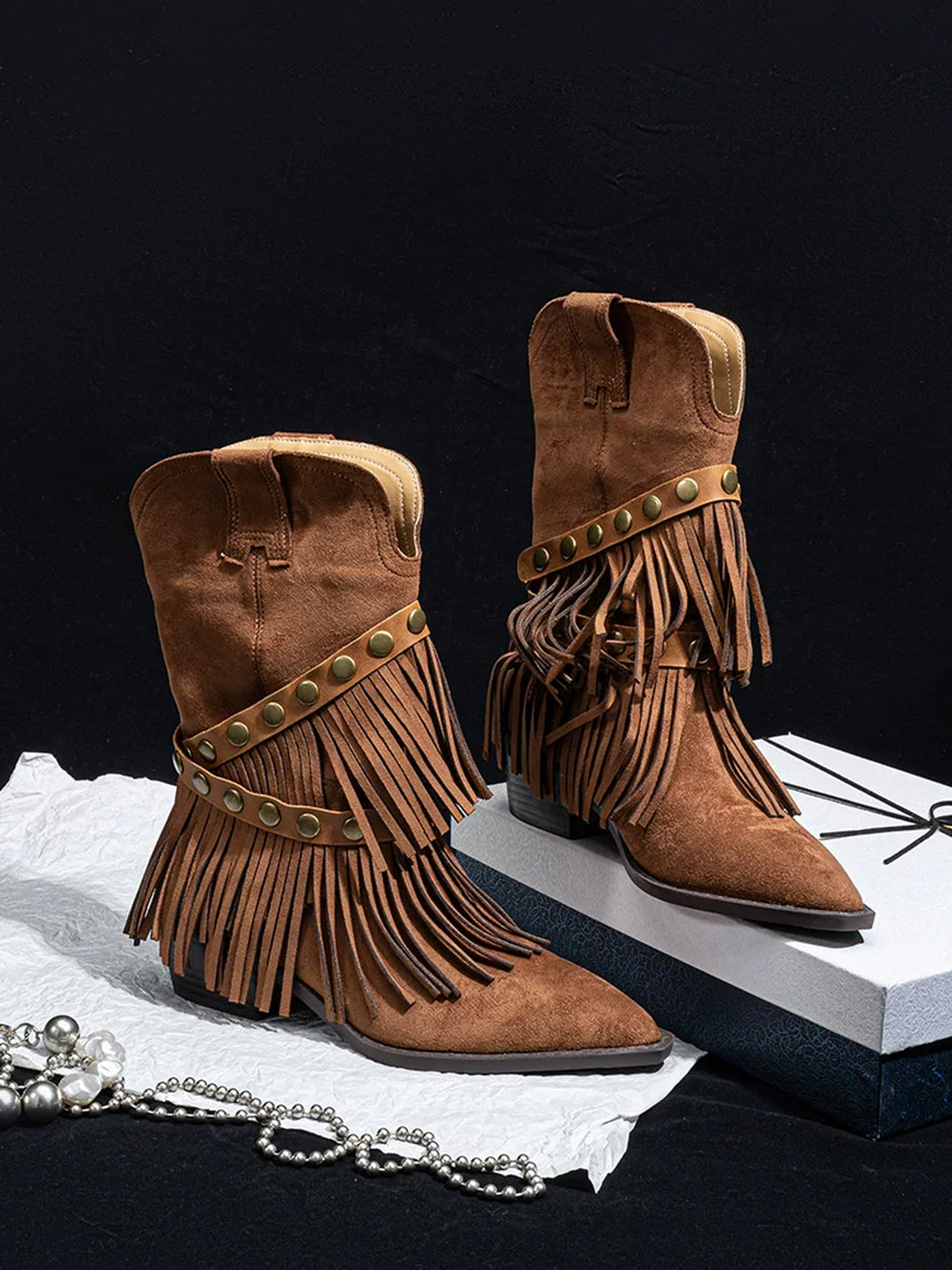 Studded Strap Tiered Fringe Western Boots - product view 3