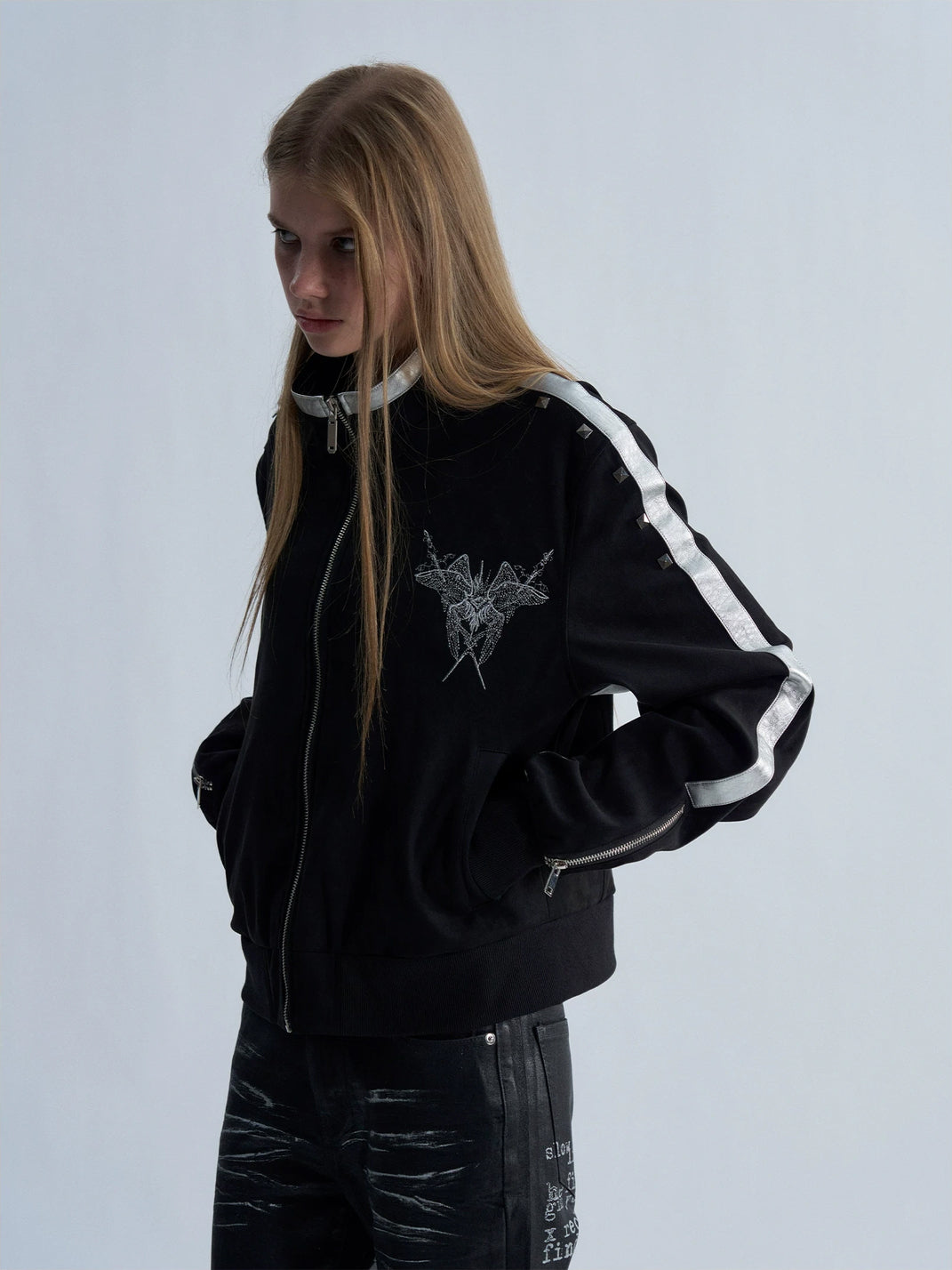Silver Stripe Wing Embroidered Stand Collar Jacket - product view 5