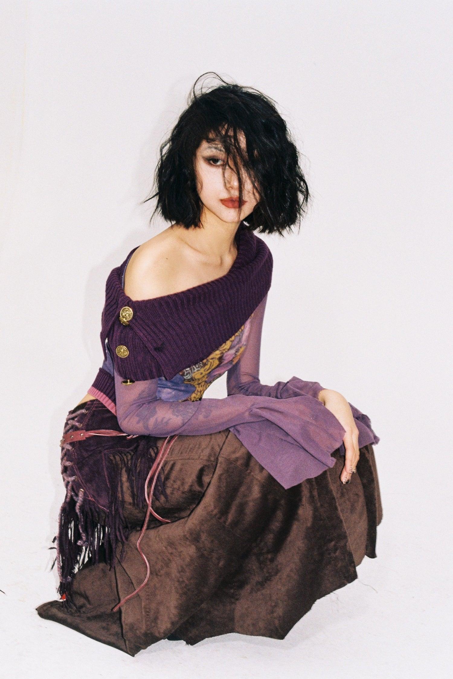 Purple Mixed Media Button Blouse
