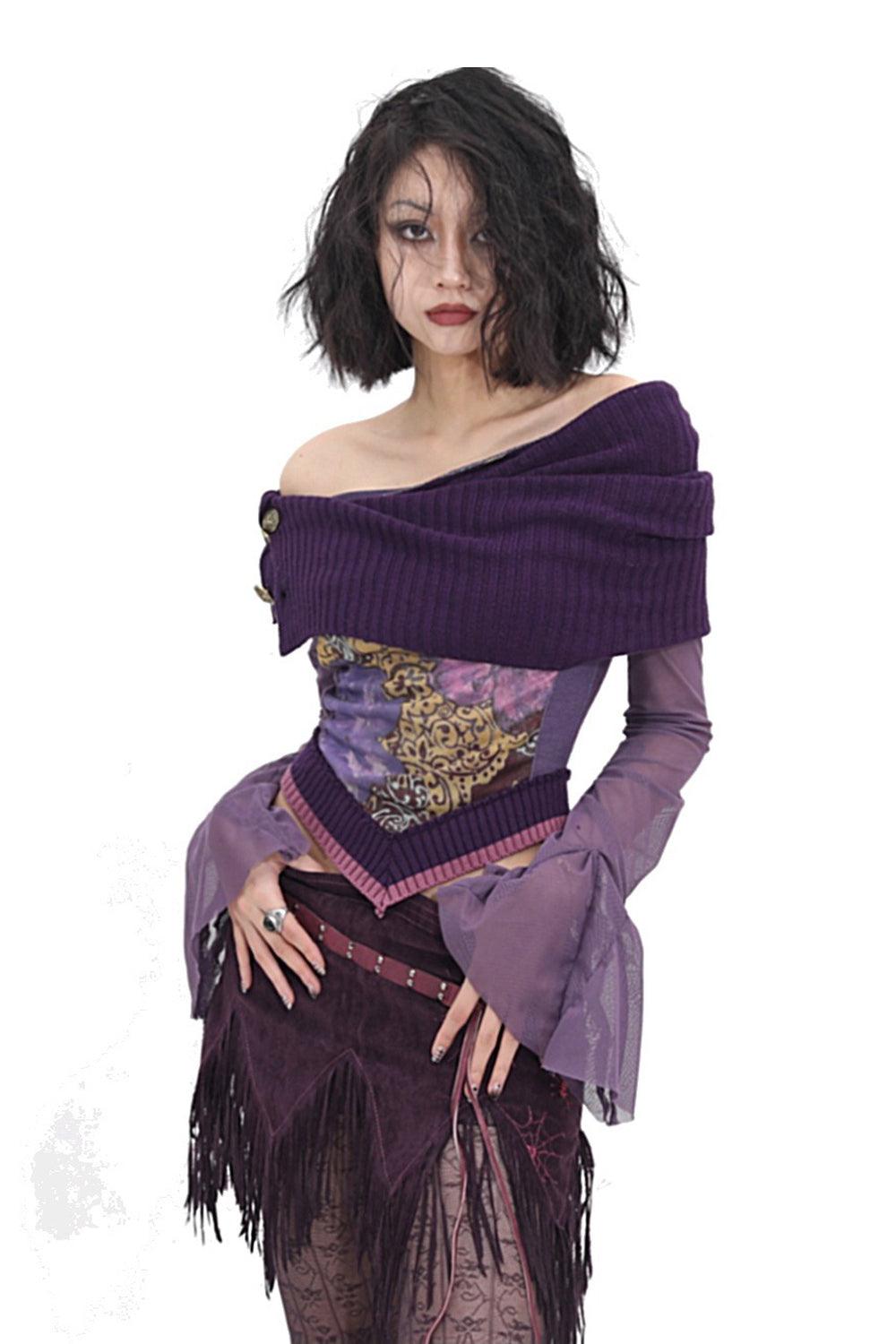 Purple Mixed Media Button Blouse