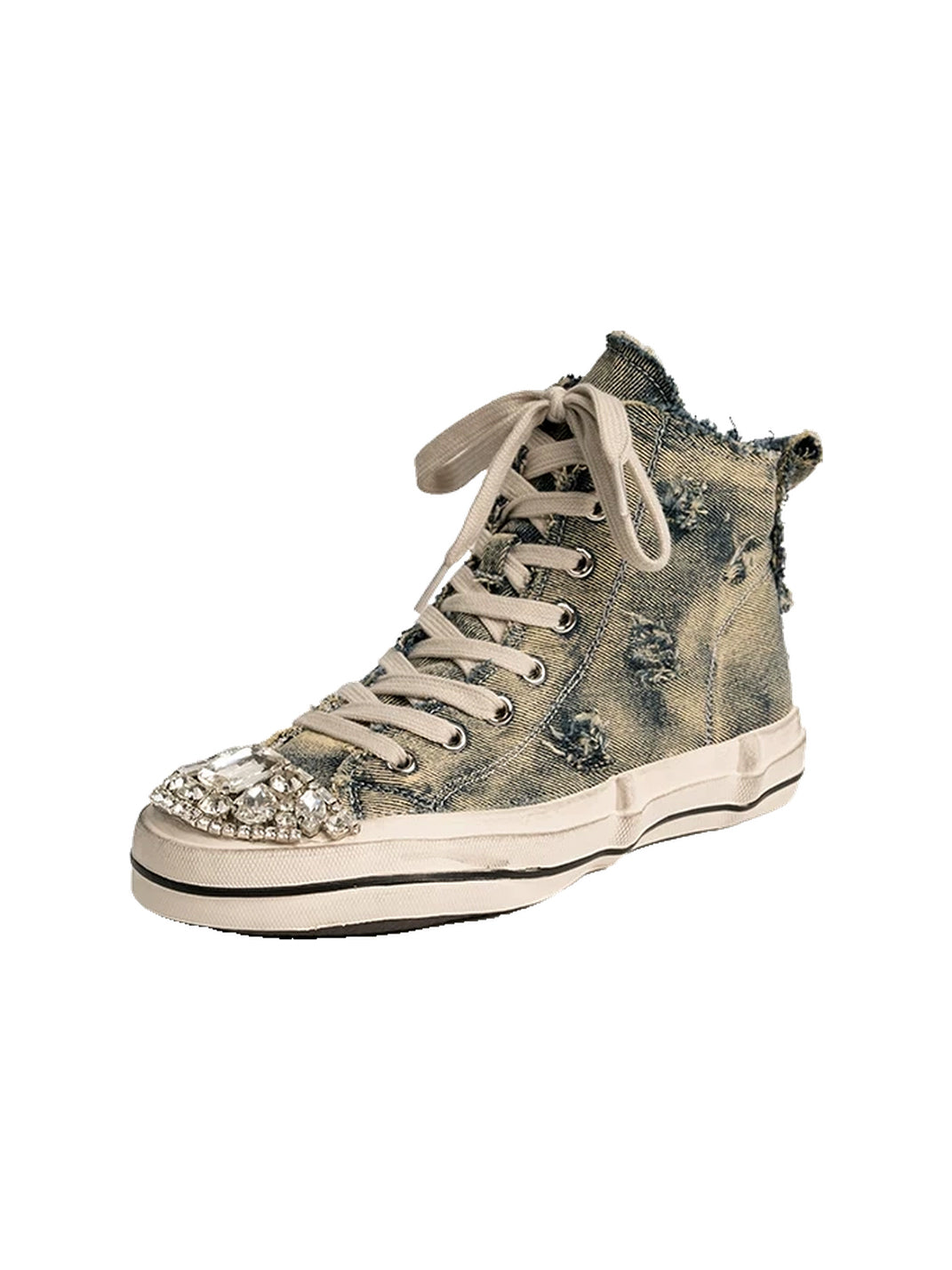 Rhinestone Distressed Denim High-Top Sneakers - product view