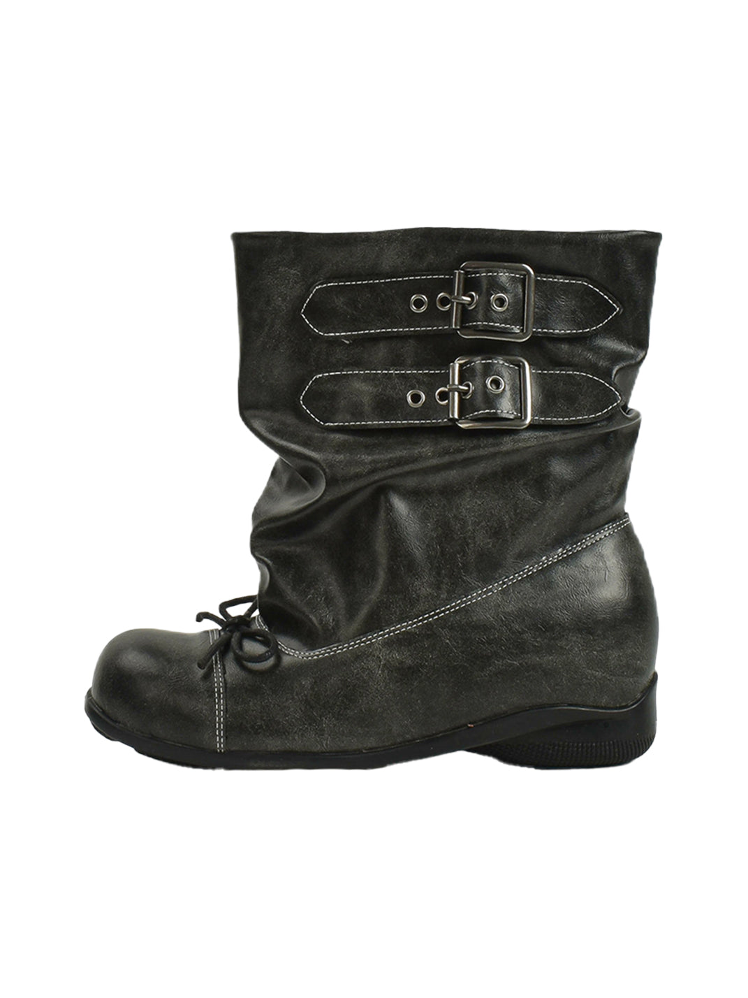 Ruched Multi-Buckle Mid-Calf Biker Boots