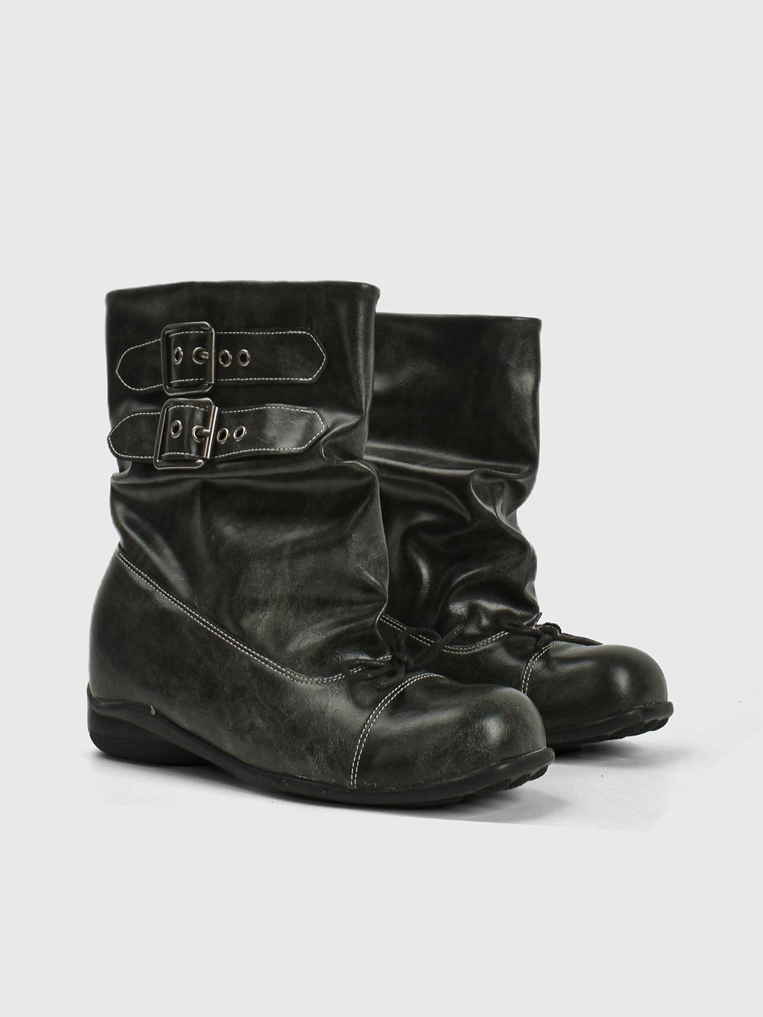 Ruched Multi-Buckle Mid-Calf Biker Boots - View 7