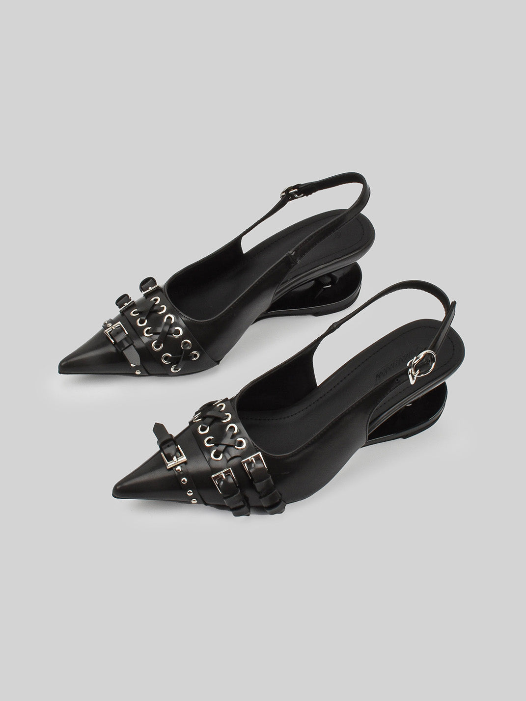 Studded Buckle Pointed-Toe Slingback Heels - View 14