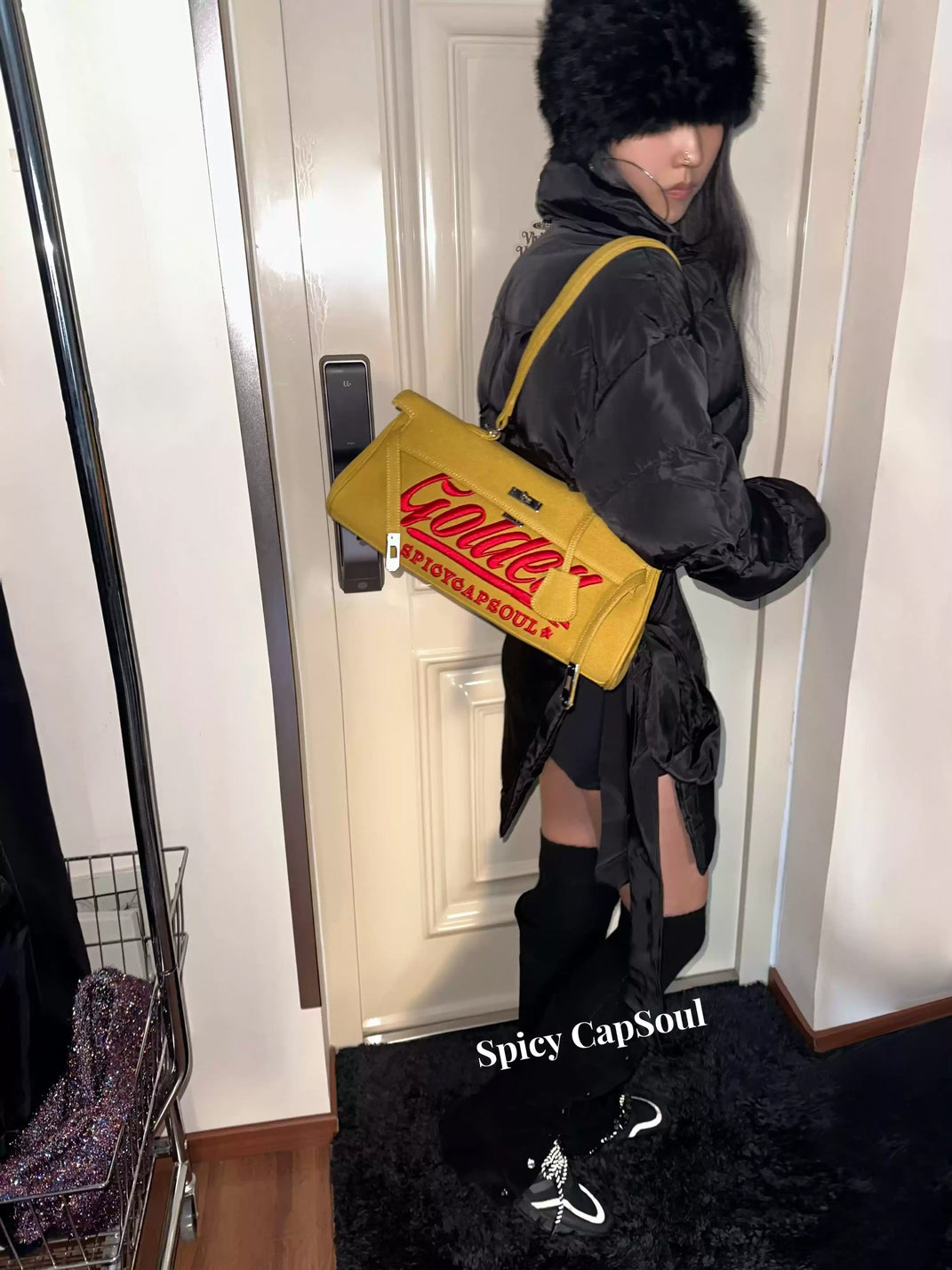 Script-Embroidered Denim Top-Handle Bag — product view 3