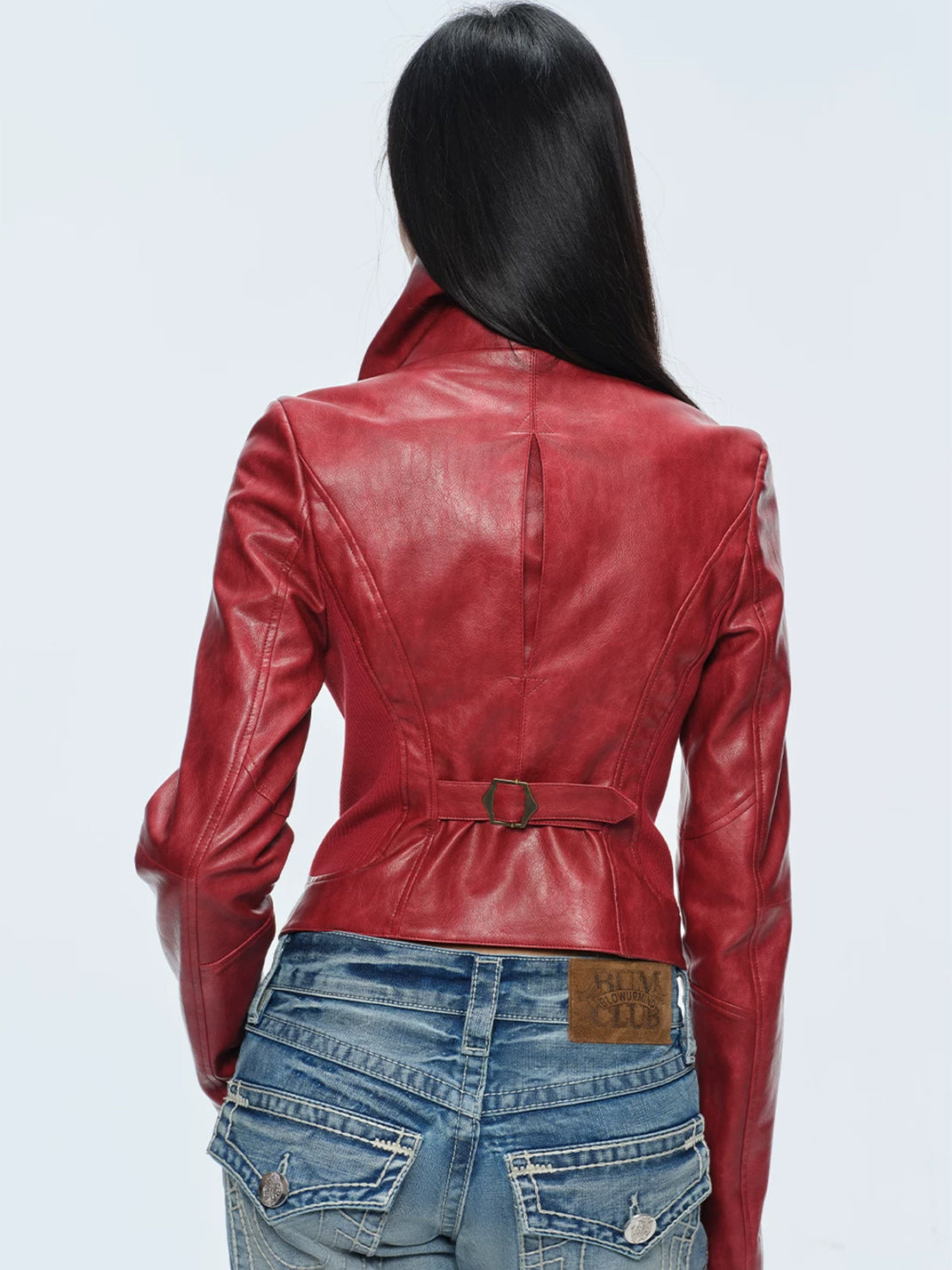 Sculpted Magnetic-Collar Faux Leather Jacket — product view 3