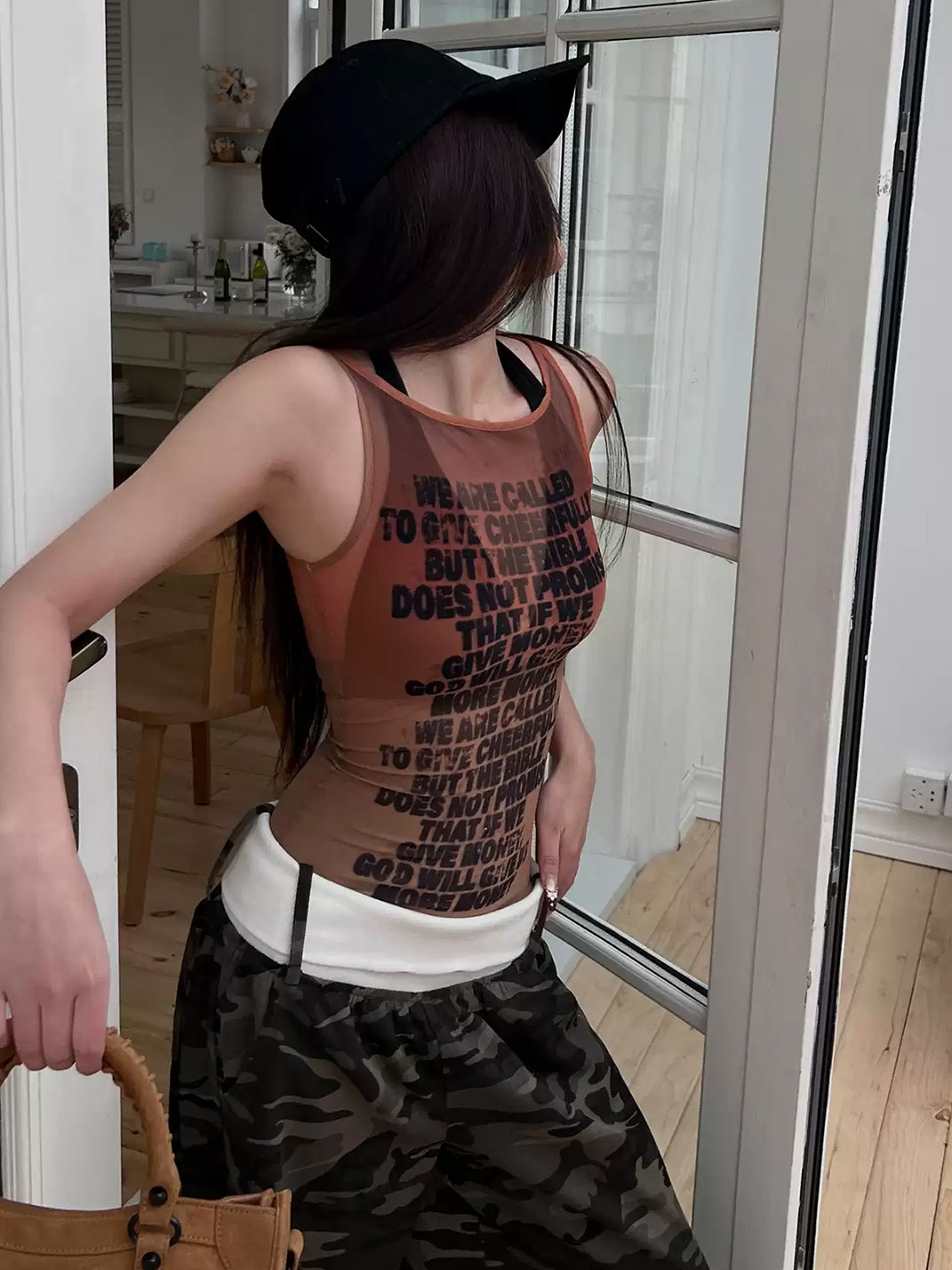 Sepia Gradient Letter-Print Mesh Tank — product view 4