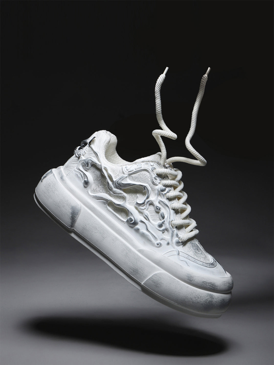 Distressed White Tai Chi Panda Platform Sneakers - View 6