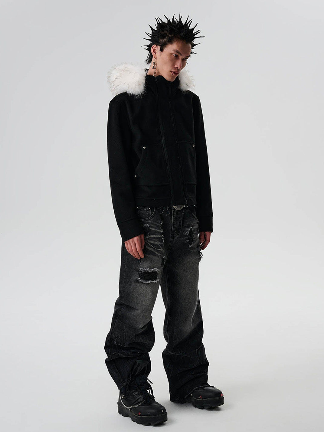 Detachable Faux-Fur Collar Double-Zip Coat - View 5