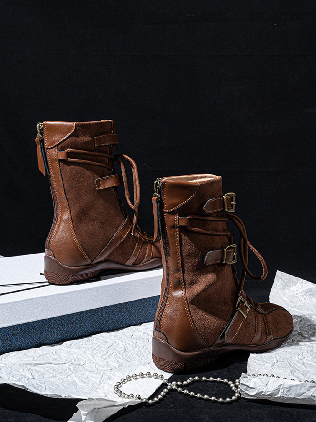 Lace-Up Buckled Mid-Calf Combat Boots - View 15