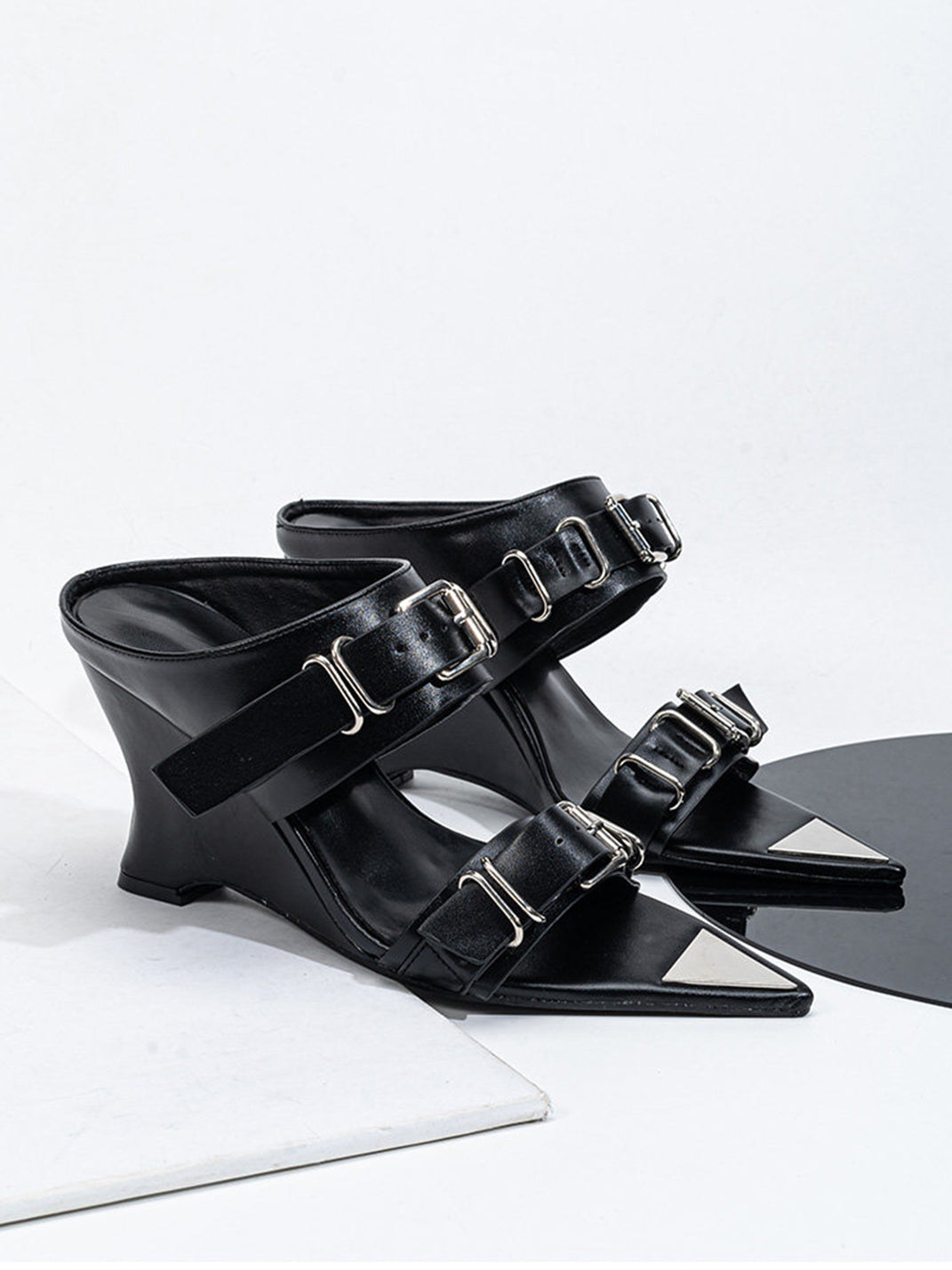 Pointed-Toe Triple-Buckle Wedge Sandals - View 12