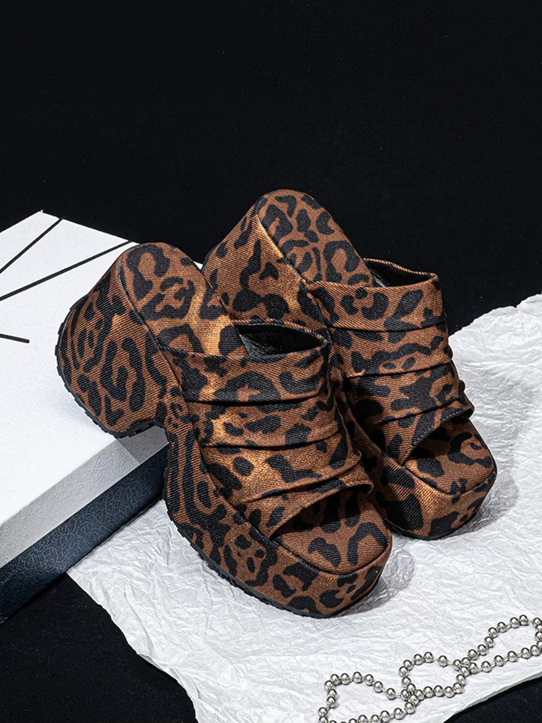 Leopard Ruched Platform Slide Sandals - View 4