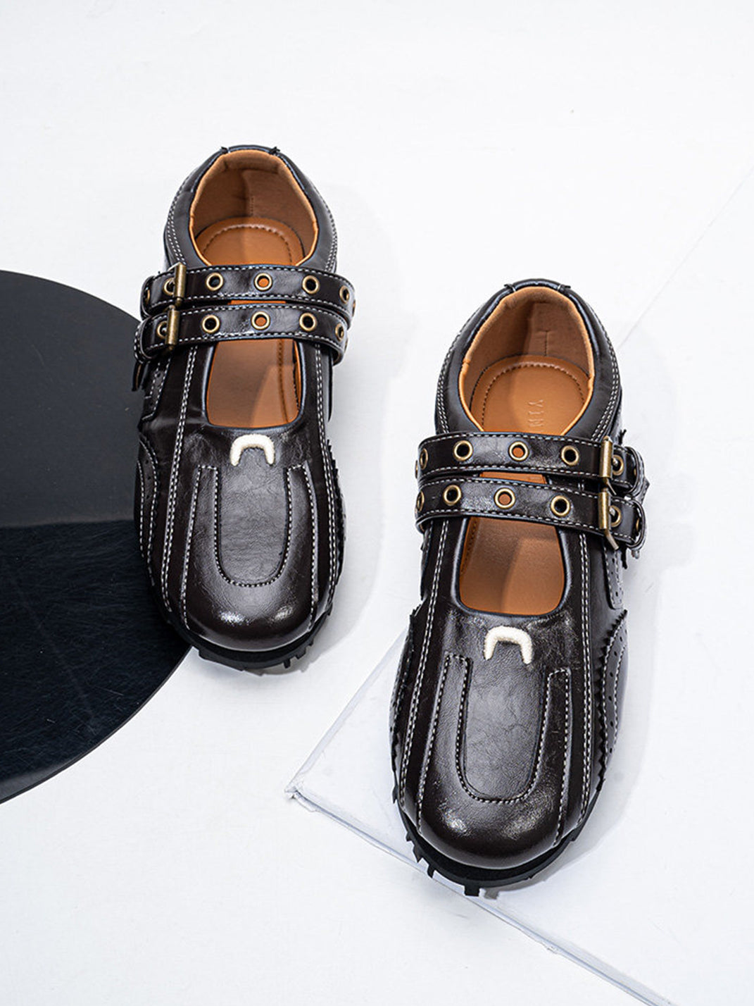 Studded Double-Buckle Square-Toe Flats - View 13