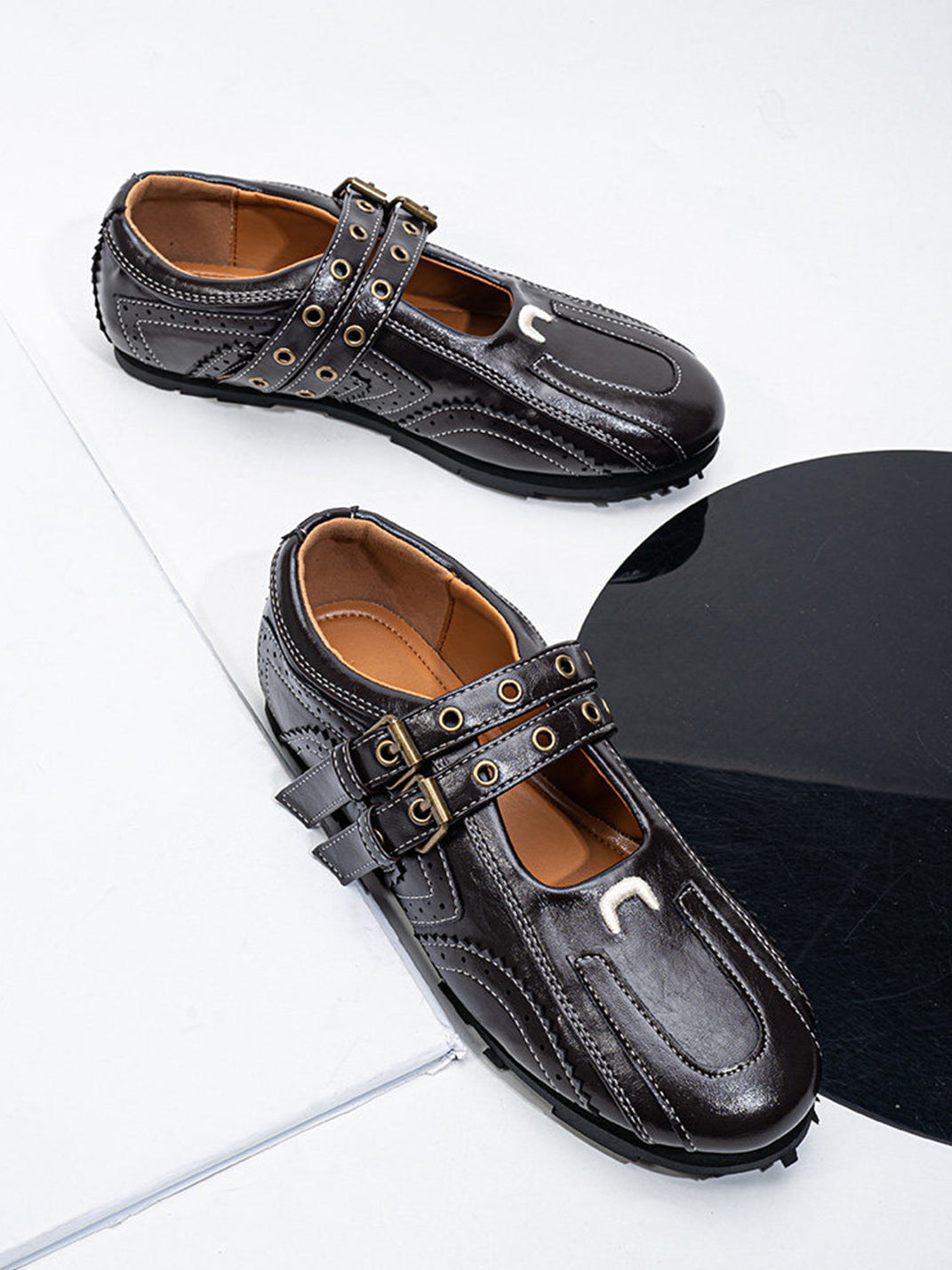 Studded Double-Buckle Square-Toe Flats - View 14