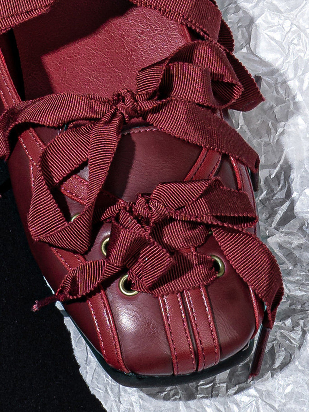 Ribbon-Laced Burgundy Ballet Flats - View 9