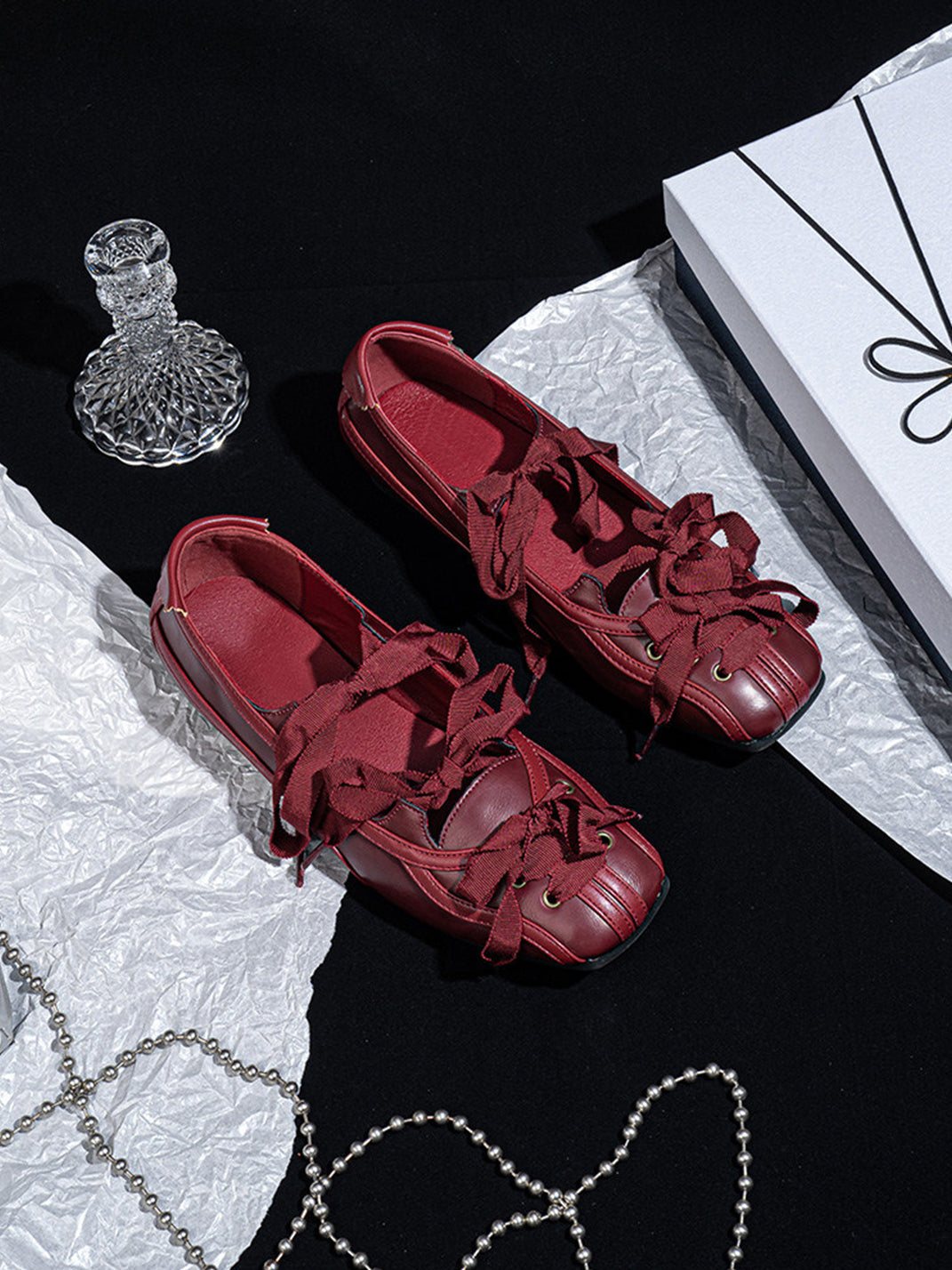Ribbon-Laced Burgundy Ballet Flats - View 11