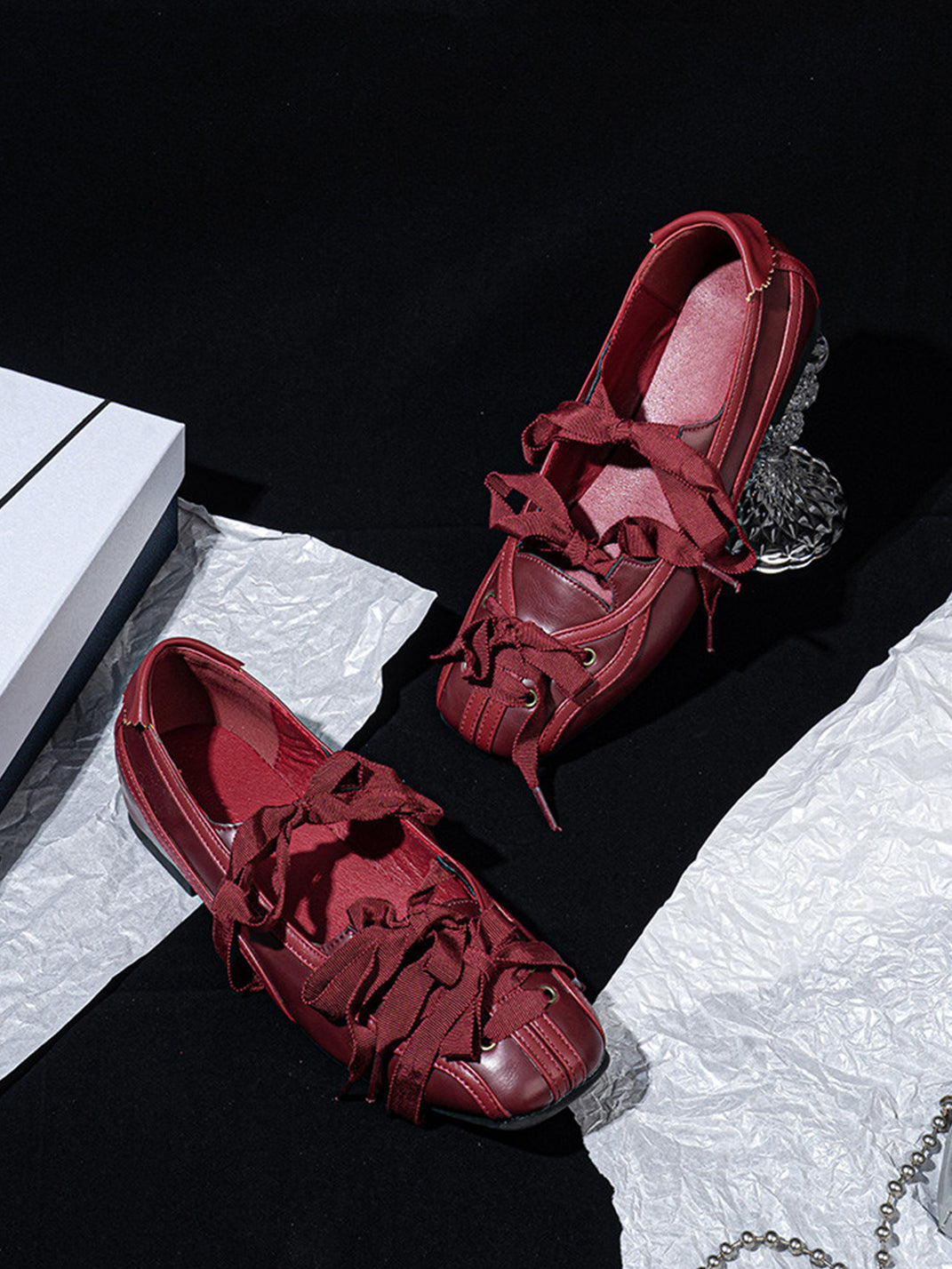Ribbon-Laced Burgundy Ballet Flats - View 12