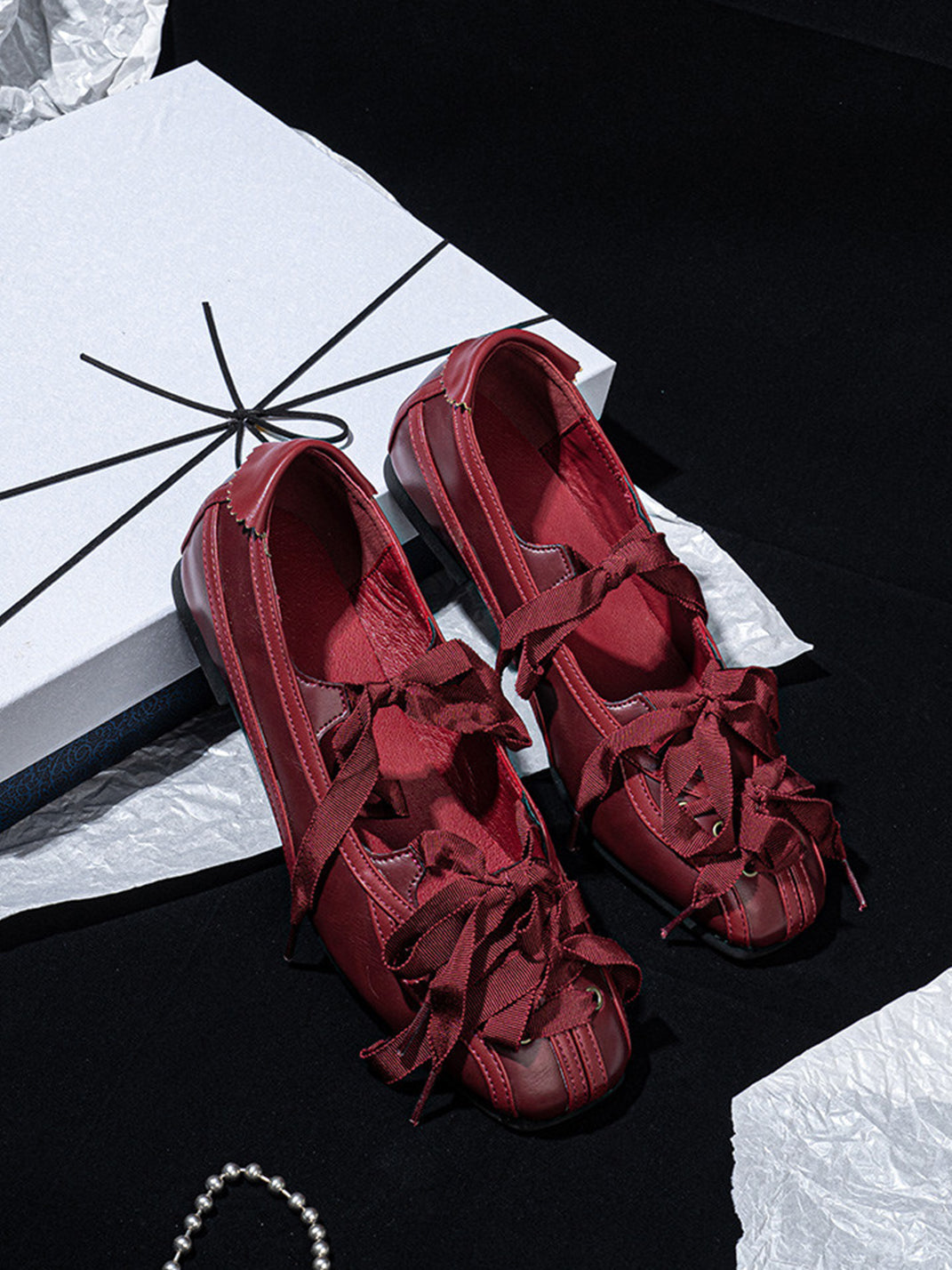 Ribbon-Laced Burgundy Ballet Flats - View 13