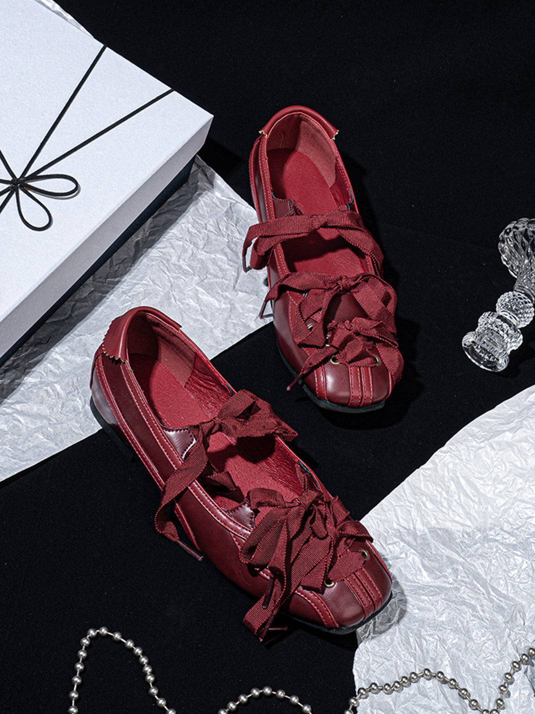 Ribbon-Laced Burgundy Ballet Flats - View 15