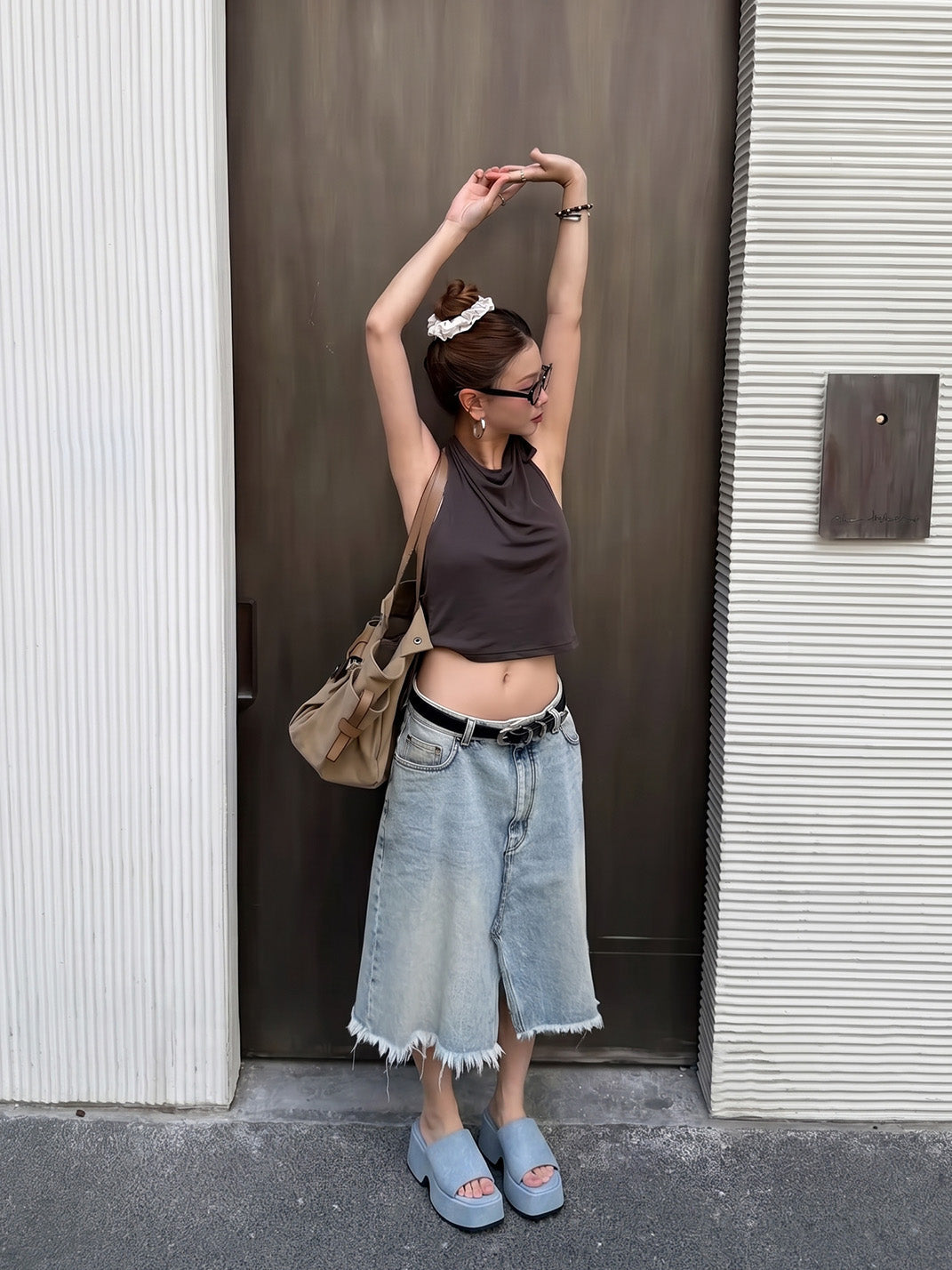 Square-Toe Denim Platform Slide Sandals - View 8