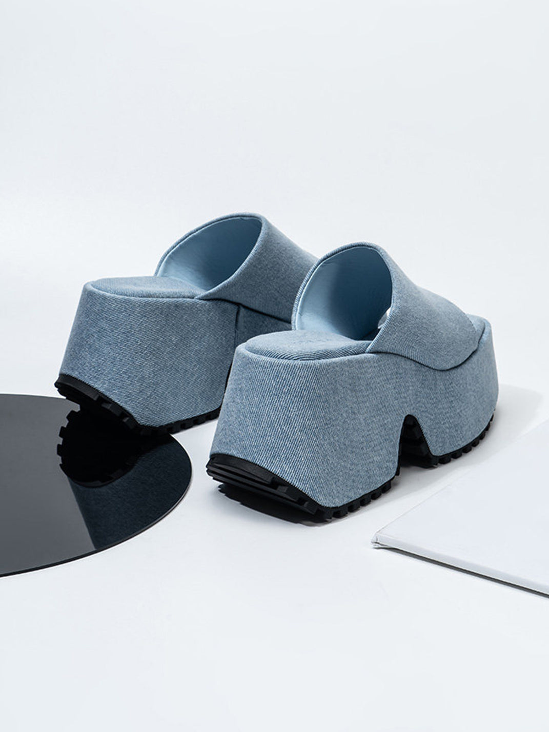 Square-Toe Denim Platform Slide Sandals - View 12