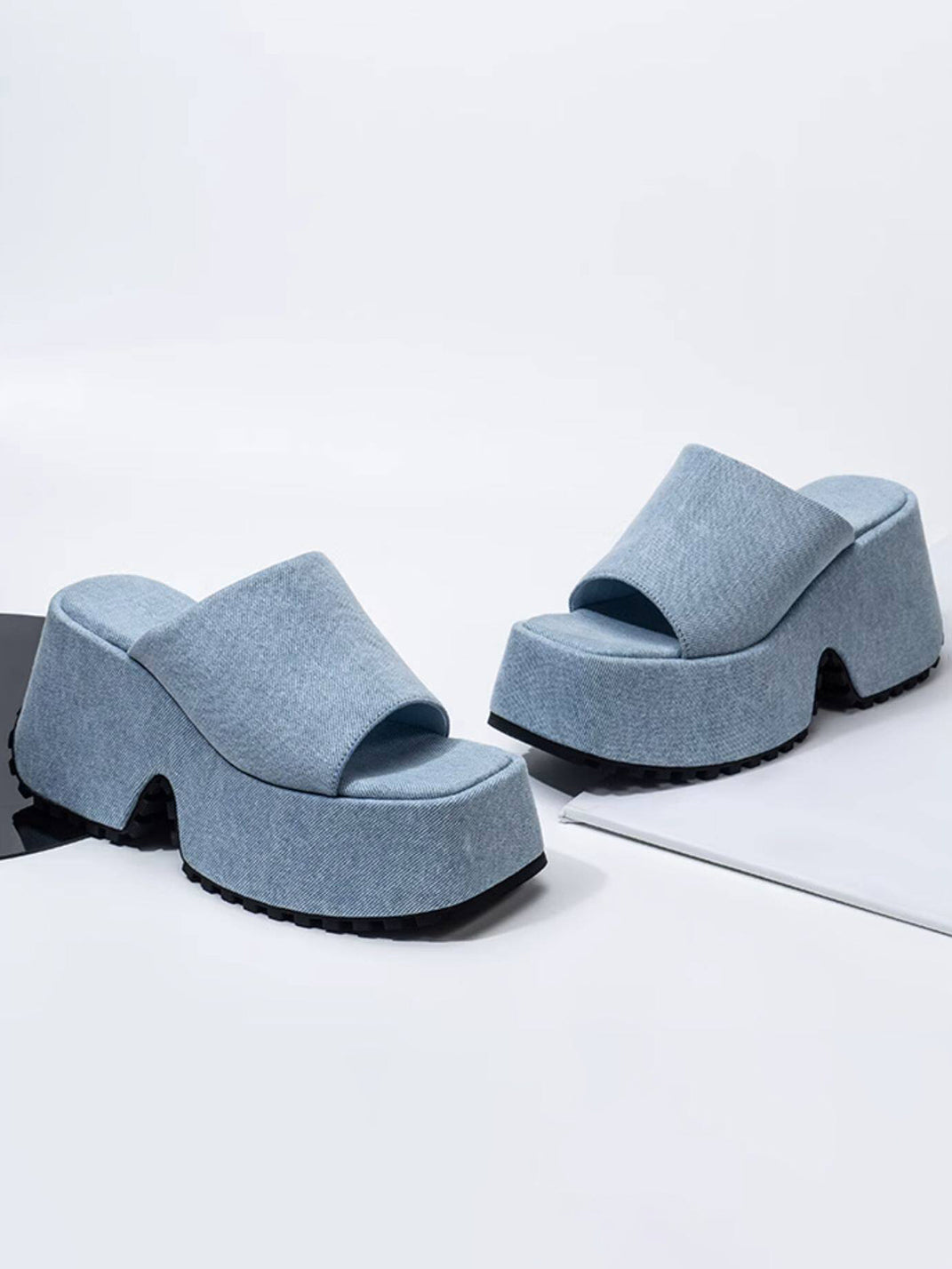 Square-Toe Denim Platform Slide Sandals - View 13