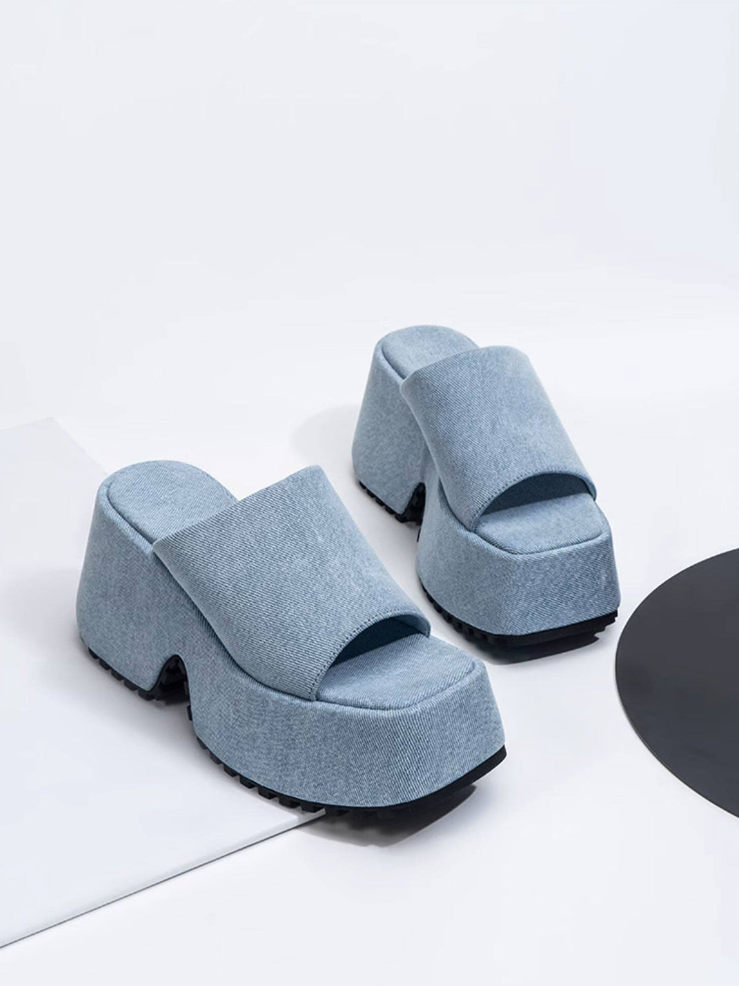 Square-Toe Denim Platform Slide Sandals - View 14