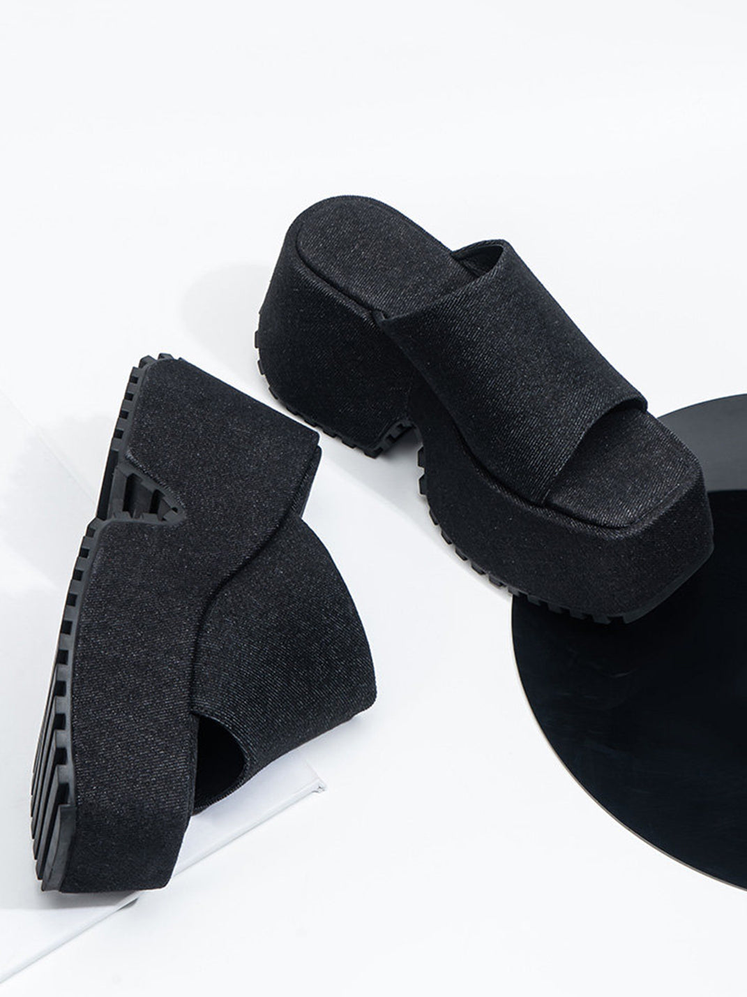 Square-Toe Denim Platform Slide Sandals - View 18